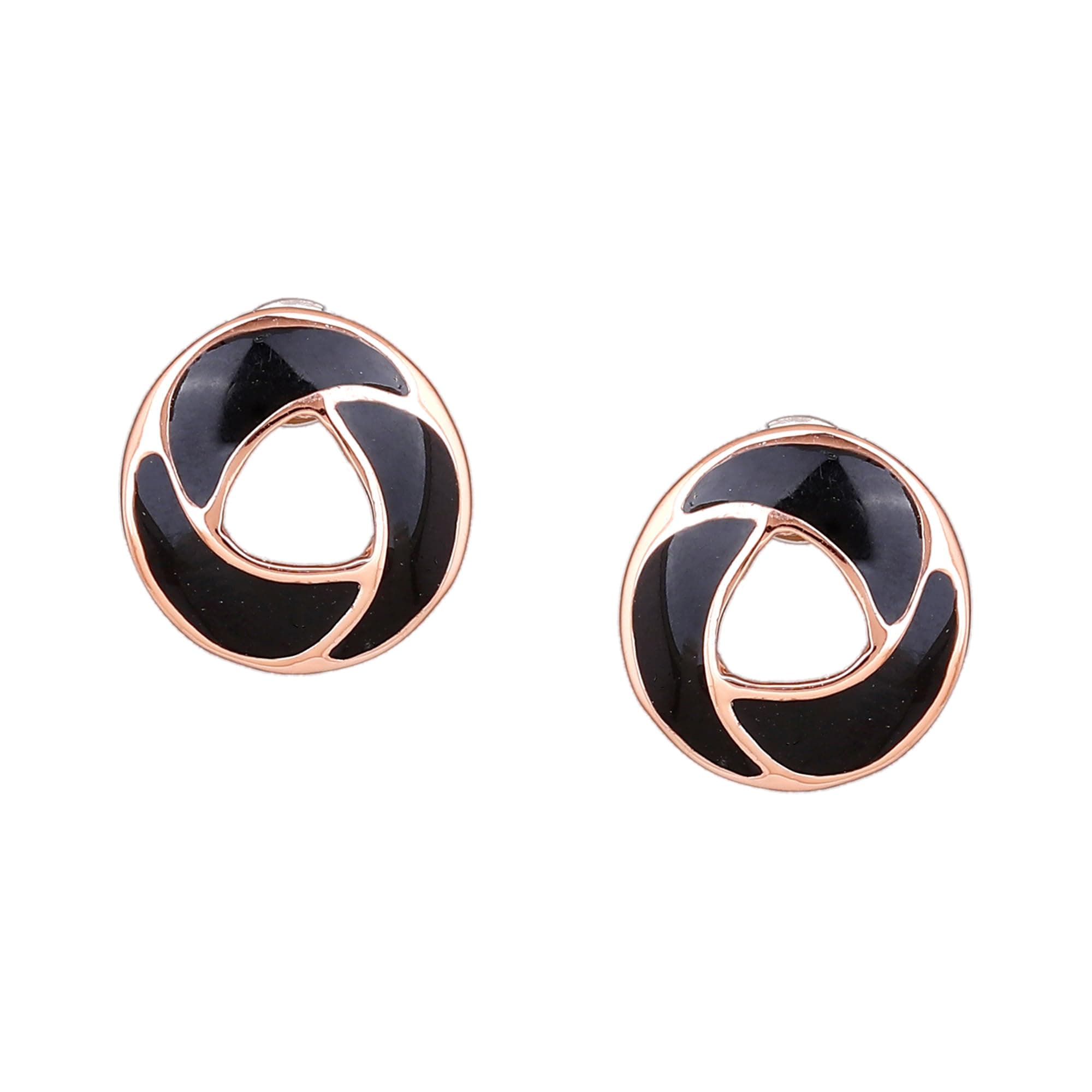 Valentine Gifts For Girlfriend/Wife: Estele Black Colored, Circular Stylist Studs Rose Gold Plated Brass Earrings For Girls and Women
