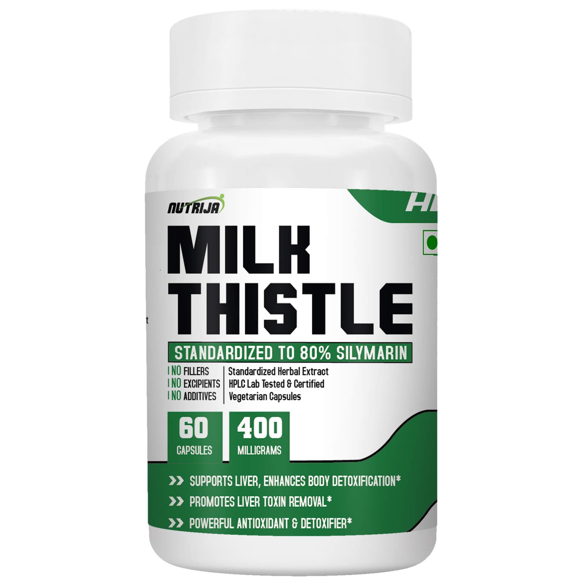 Nutrija Milk Thistle Extract 400mg | 60 Veg Capsules | Standardized to 80% Silymarin | Herbal Supplement | For Liver Support & Detoxification