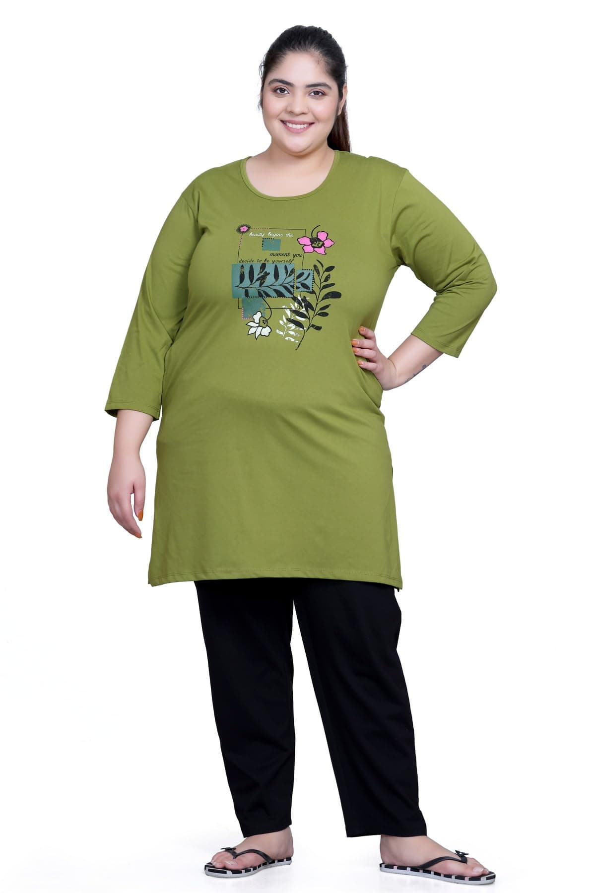 RYSH Women's Plus Size Printed Long Top | Round Neck | Half Sleeve | Relaxed Fit Casual Tunic | Mehndi | 2XL