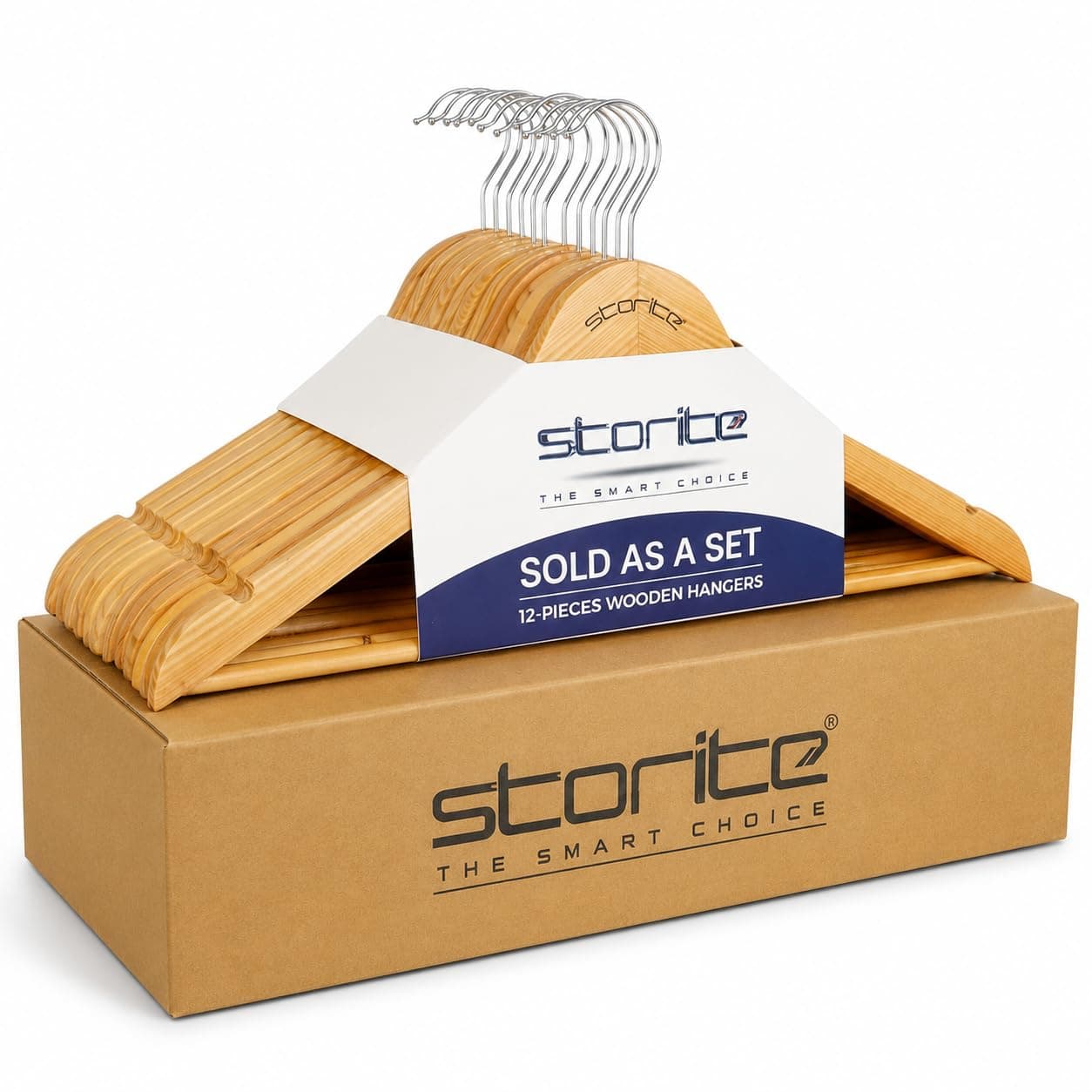 Storite 12 Pack Premium Round Bar Natural Wooden Hangers