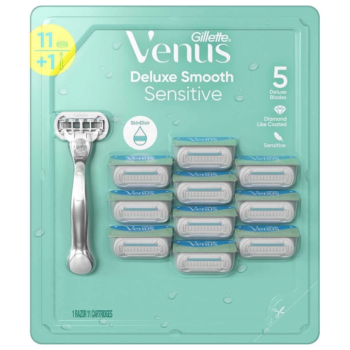 Gillette Venus Deluxe Smooth Sensitive 11 Count Cartridge Razor, Chrome or Stainless Steel Handle, 5 Blades Each, Moisturizing Strip, Microcomb, Women's Razor for Sensitive Skin