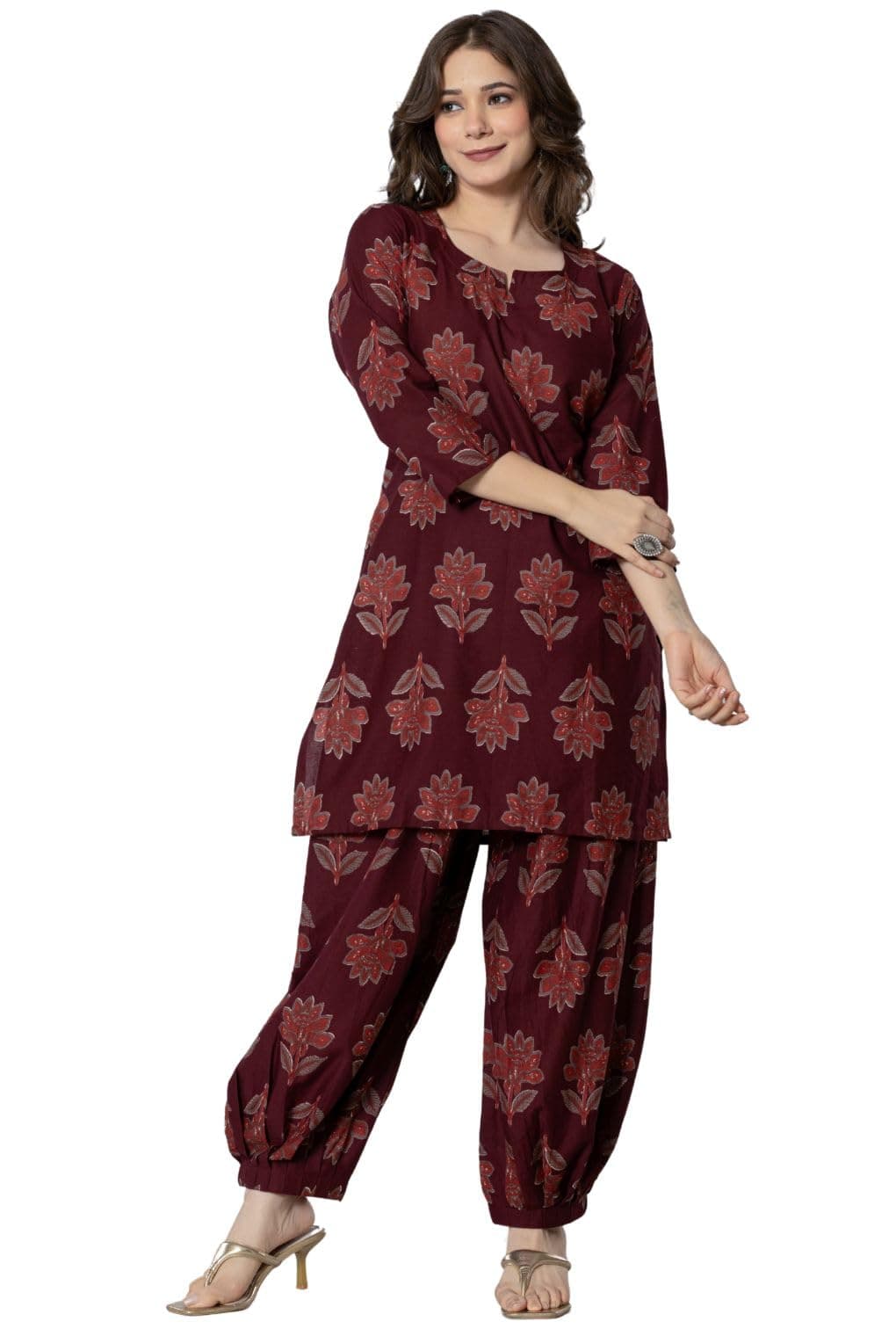 rytras Women's Pure Cotton Printed Straight Kurta Set with Palazzo Pants - Ethnic Wear, Maroon(RYT593,6XL)
