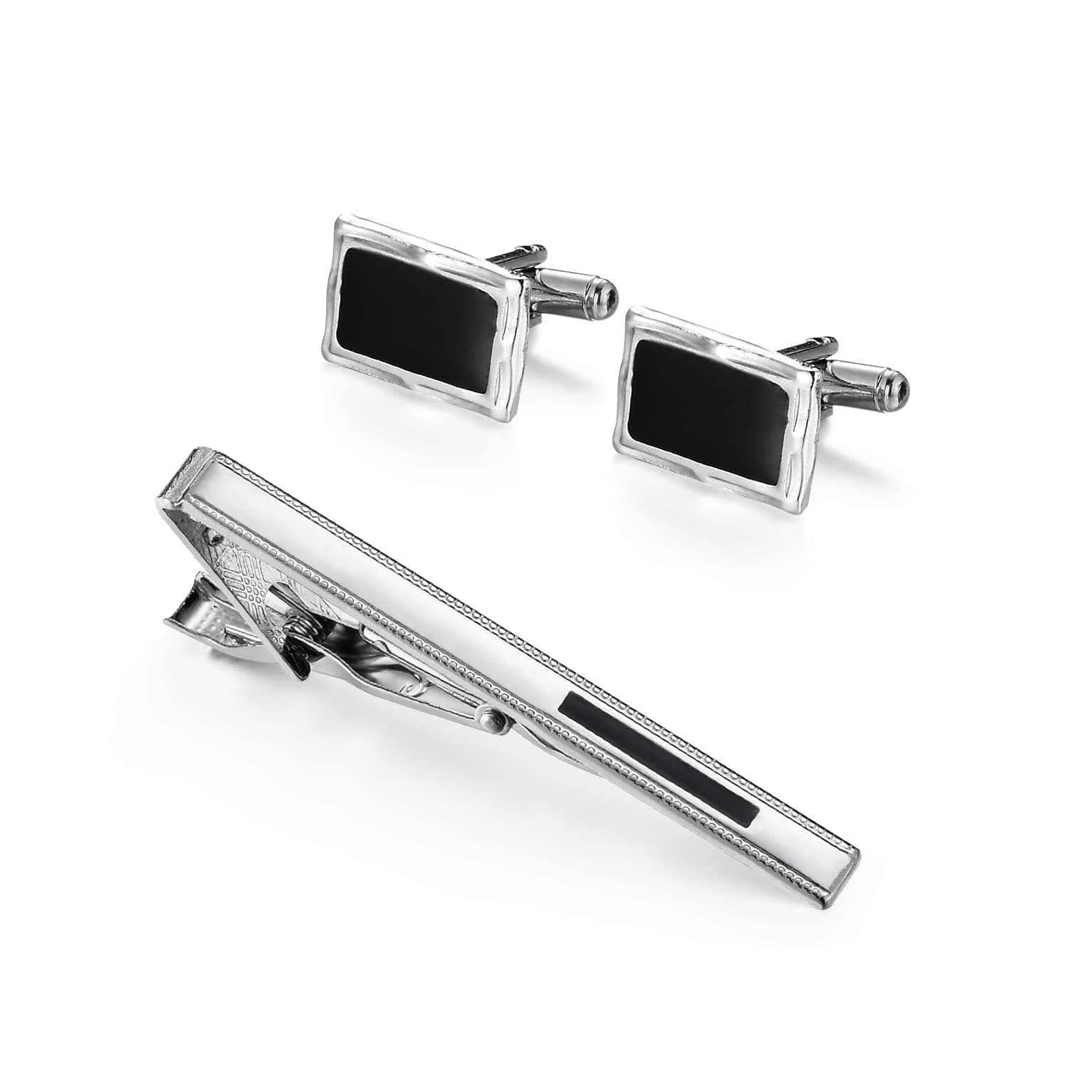 UJOY Cufflinks and Tie Clips Set Enamel Black in Gift Box Elegant Design