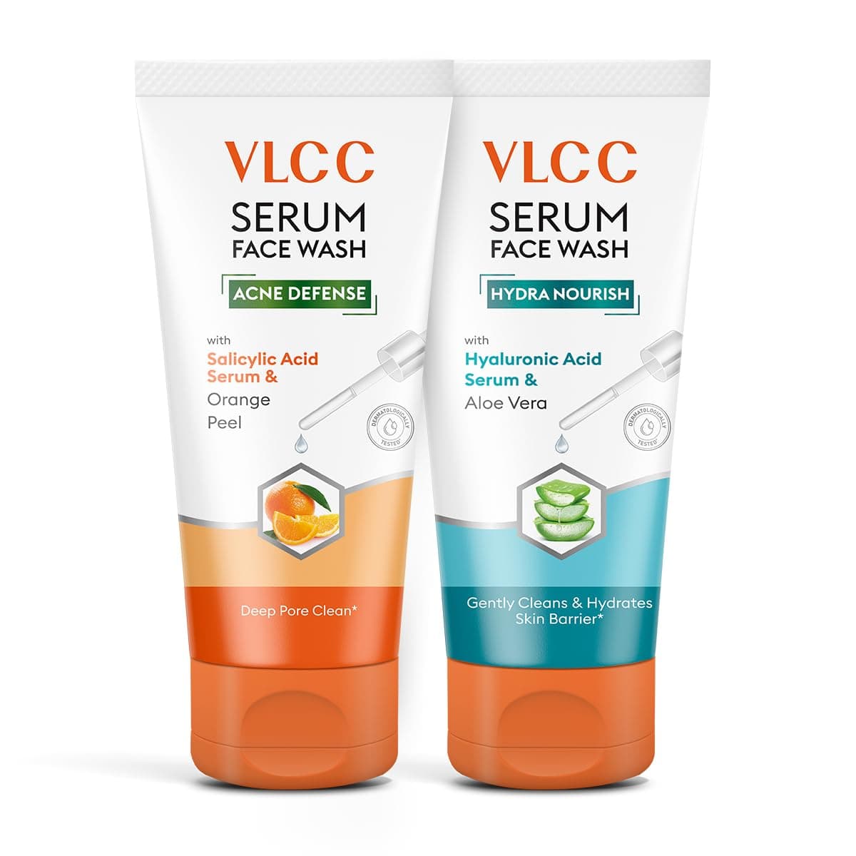 VLCC Salicylic Acid & Orange Peel Serum Facewash - 150 ml for Deep Pore Cleansing for AM | with Free Hyaluronic Acid & Aloe Vera Serum Facewash - 150 ml to Strengthen Skin Barrier for PM (B1G1)
