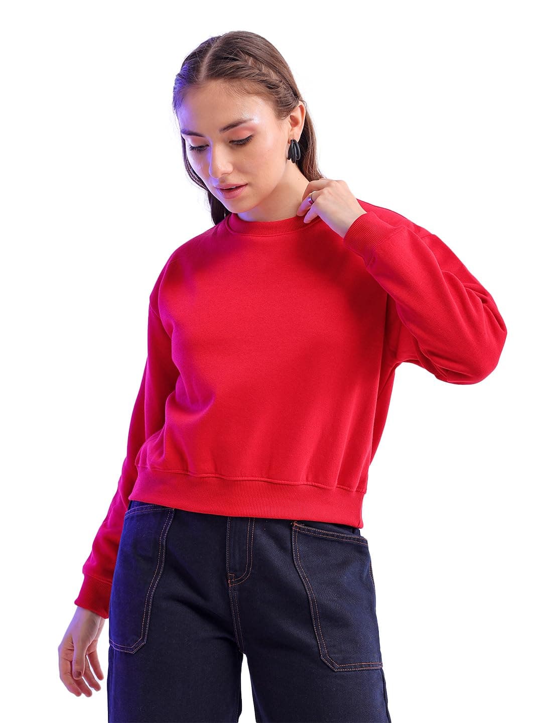 Freehand Women's Polyester Solid Crop Long Sleeves Overhead-Crewneck Sweatshirt Haute Red