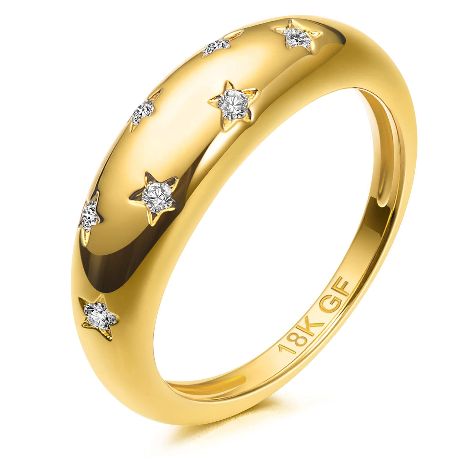 18K Gold Filled 7 Cubic Zirconia Inlay Star Sparkling Dome Ring Statement Ring Gold, Metal Stone, Cubic Zirconia