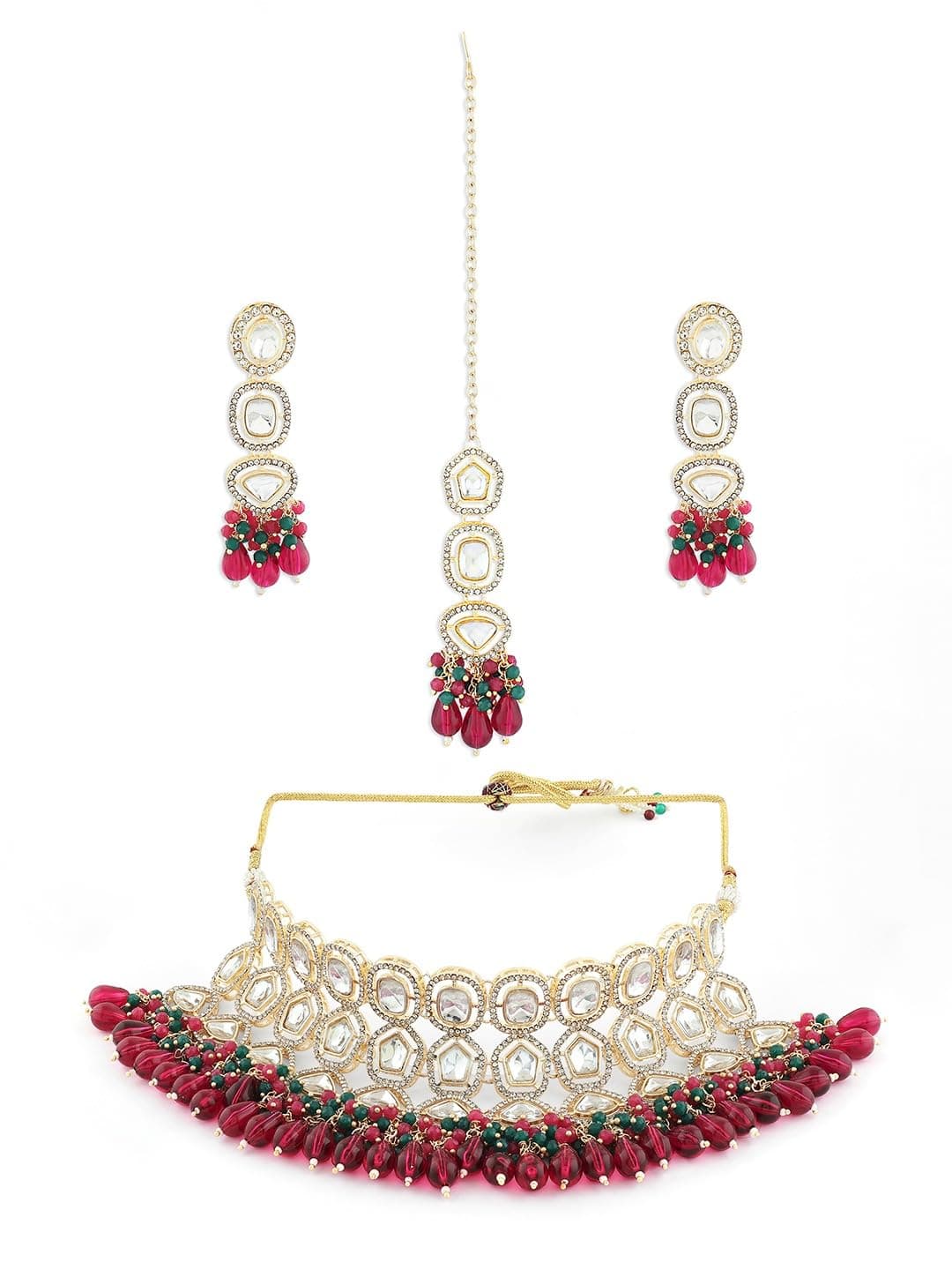 ZAVERI PEARLS Rani Pink & Green Crystal Artificial Stones & Beads Cluster Beads Drop Bridal Necklace Earring & Maangtikka Set For Women-ZPFK18568