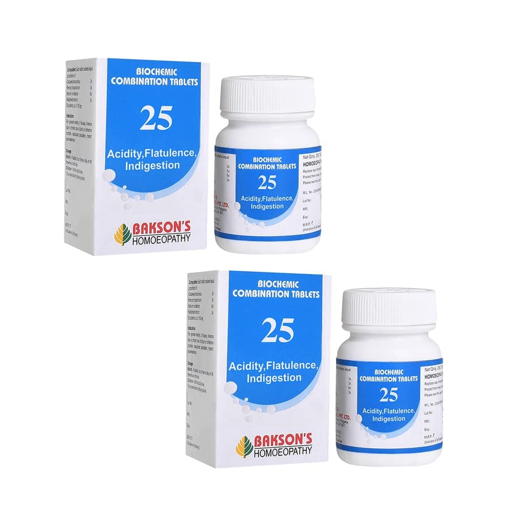 Dr. Bakshi's BAKSON'S HOMOEOPATHY Biochemic Combination Tablets # 25 (ACIDITY, FLATULENCE INDIGESTION) Tablets (250 Units) (Pack of 2)