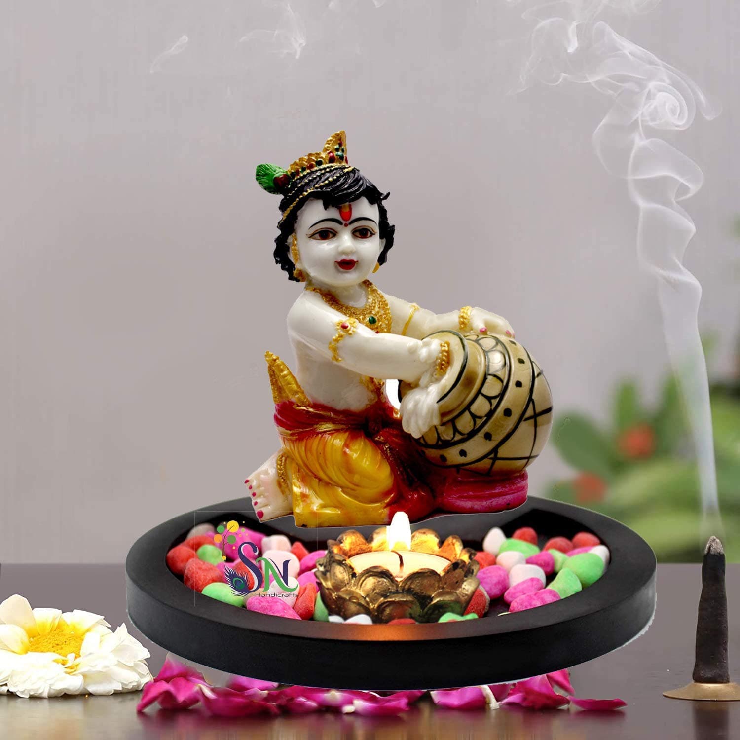 SN Handicrafts Hand Carved Baby Krishna Resin Sculpture Lord Krishna Makhan Chor Idols Statue Gift Item Showpiece Living Room Home Décor and Gifts