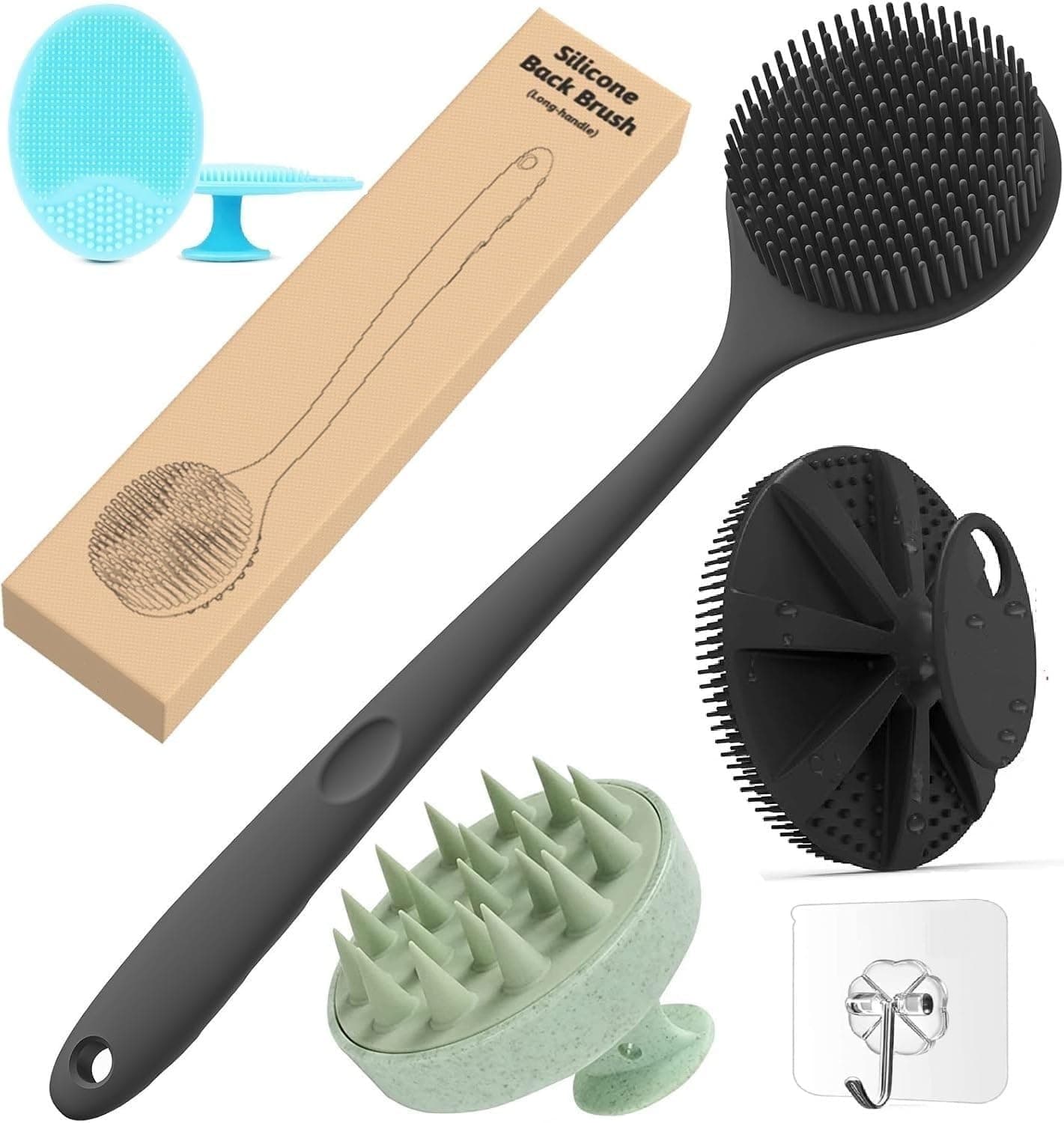5-in-1 Soft Silicone Bath Brush Set | Back Scrubber Long Handle Bath Brush+Body Scrubber+Scalp Massager+Face Scrubber+Super-Exfoliating Body Scrubber+Shower Brush + Free Hooks 3 Pcs |for Men and Women