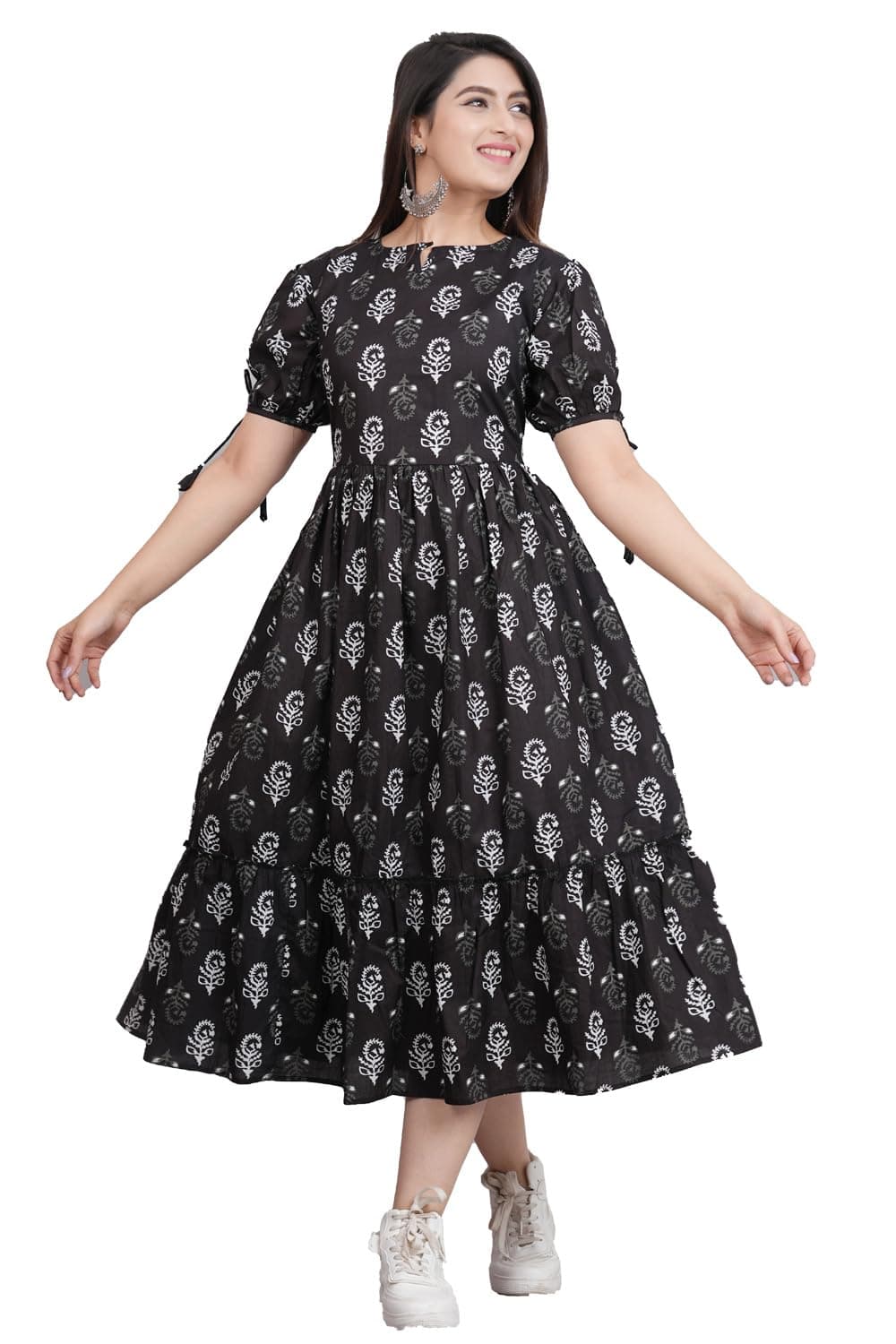 Monique Brand Women's/Girls Cotton Regular Fit Kurta for Women Floral Printed Anarkali Kurta ||Floral Flared Western Dress Black, Large