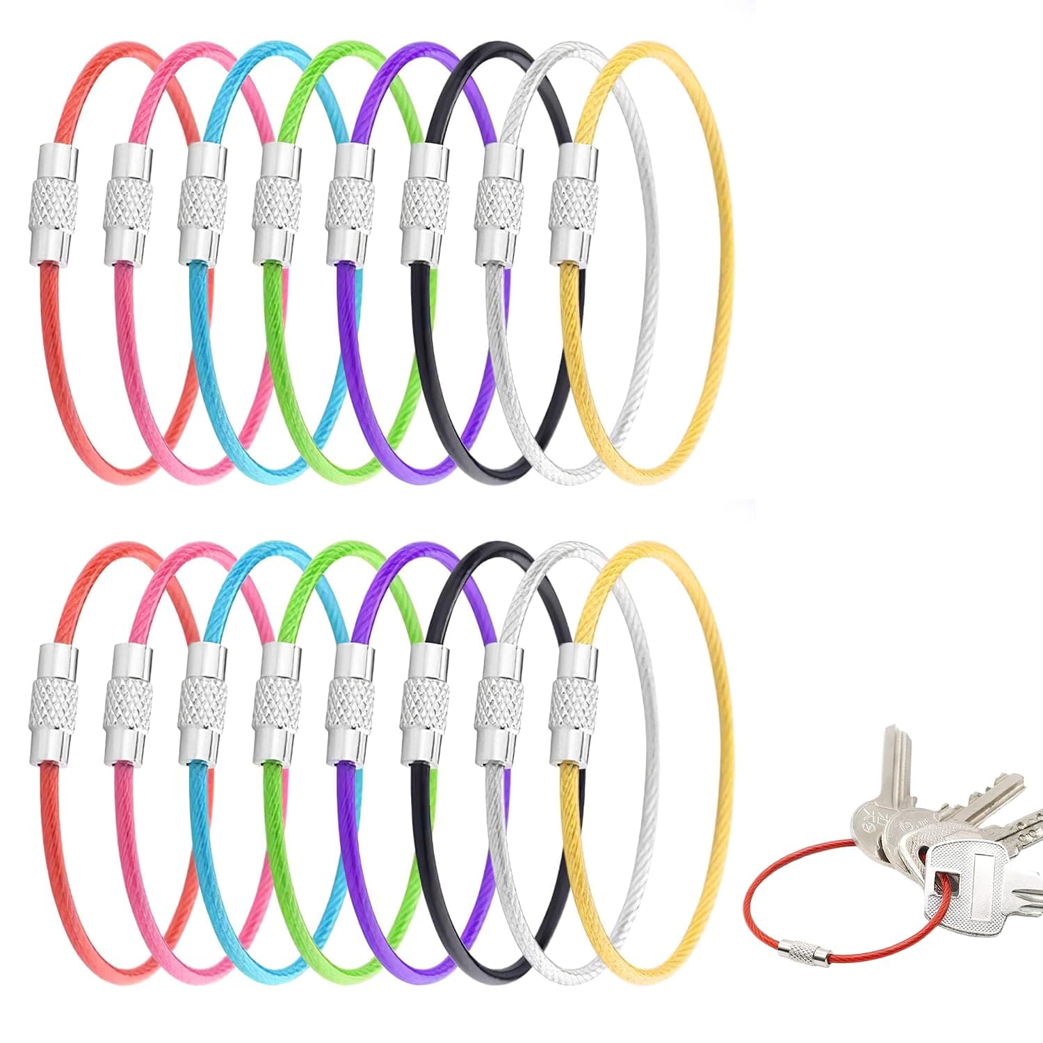 TecoKart® 16 Pcs 2.0mm Steel Cable Key Rings, Multi-Color Coated Wire Keychain Secure Locking | Heavy Duty | 150mm Length | PVC Coated | Rustproof | for Keys & Luggage Tags