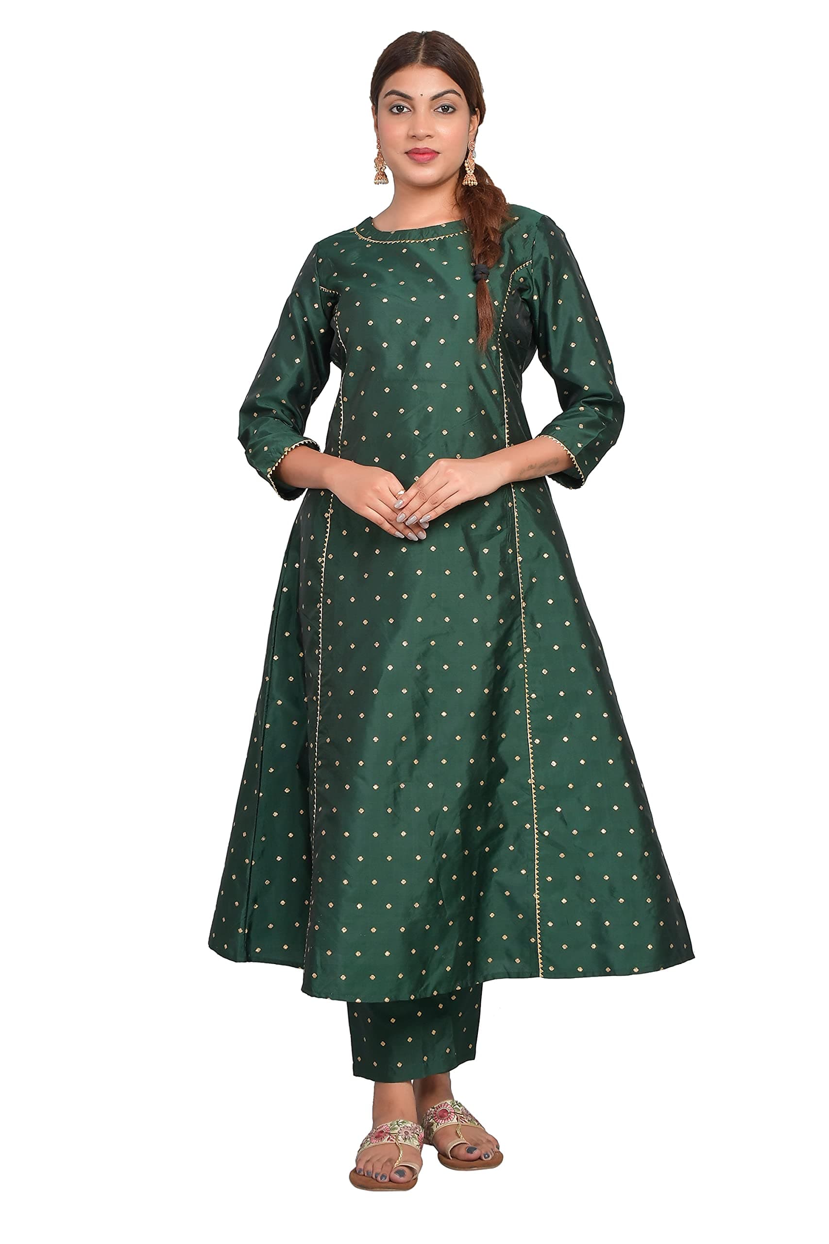 Riara Art Silk Women Long Anarkali Kurti with Pant Polka Dot A-line Ladies Ethnic Wear Dress