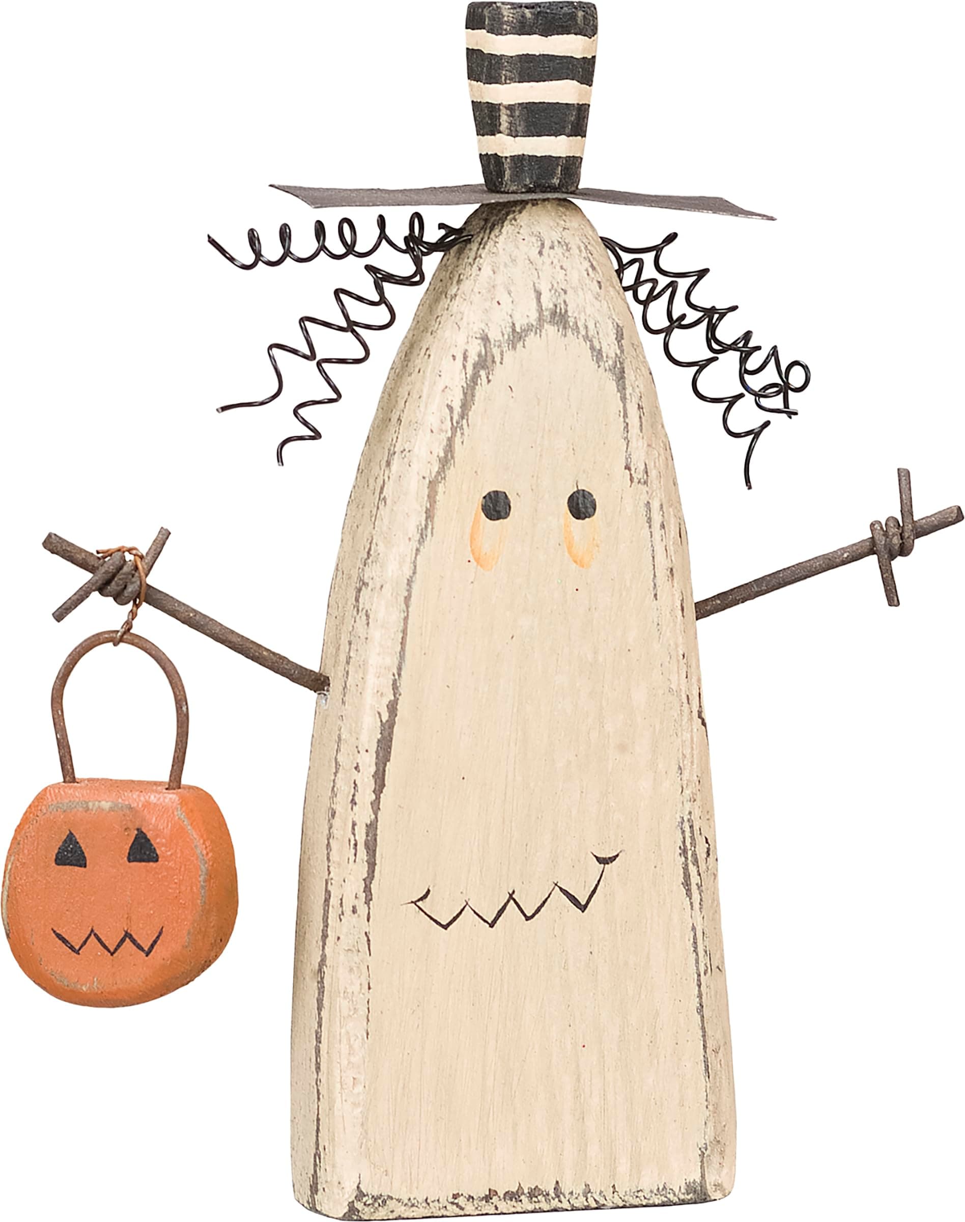 Primitives by Kathy Chunky Ghost Sitter Holding Pumpkin Basket Halloween Wood Figurine