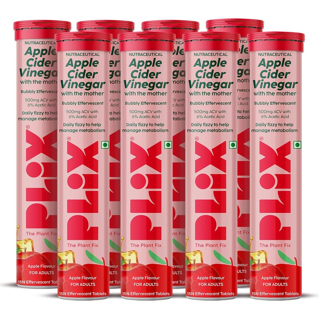 The Plant Fix Plix Apple Cider Vinegar Effervescent Tablet With Mother|Supports Metabolism & Appetite Control|With 500Mg Acv, Vit B6 & B12|No Maltodextrin, No Added Sugar|Pack Of 8 (120 Tablets)