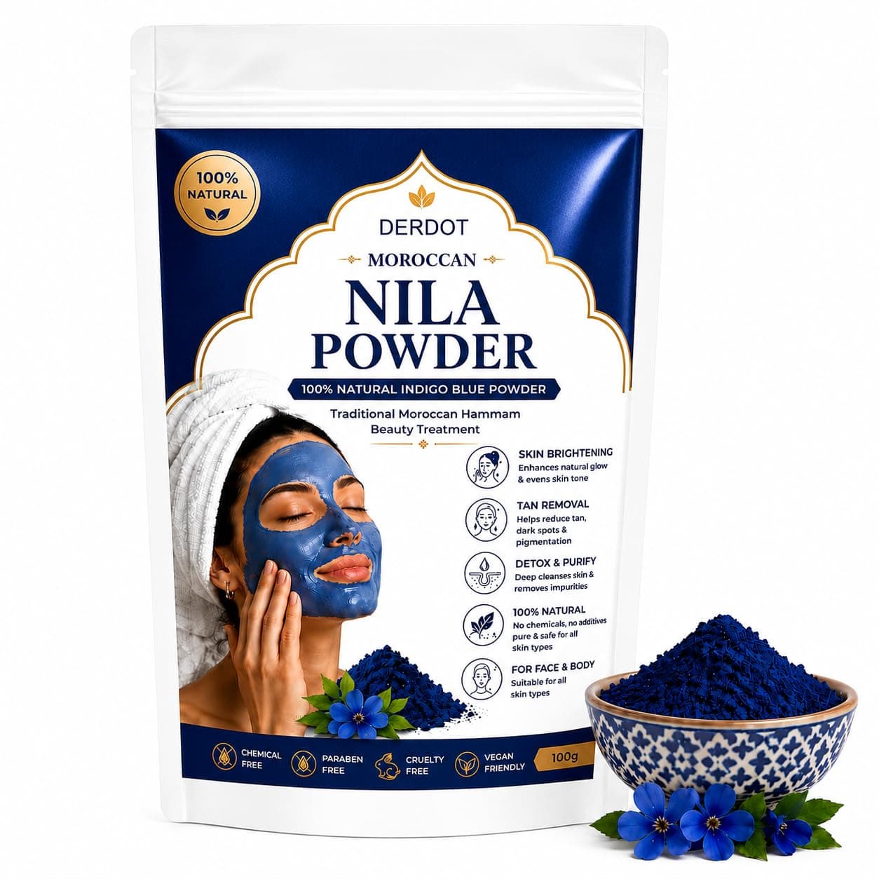 Moroccan Nila Powder For face (100gm) – 100% Natural Indigo Blue Powder for Skin Brightening, Tan Removal & Detox | Traditional Moroccan Hammam Beauty Treatment | Face & Body Care