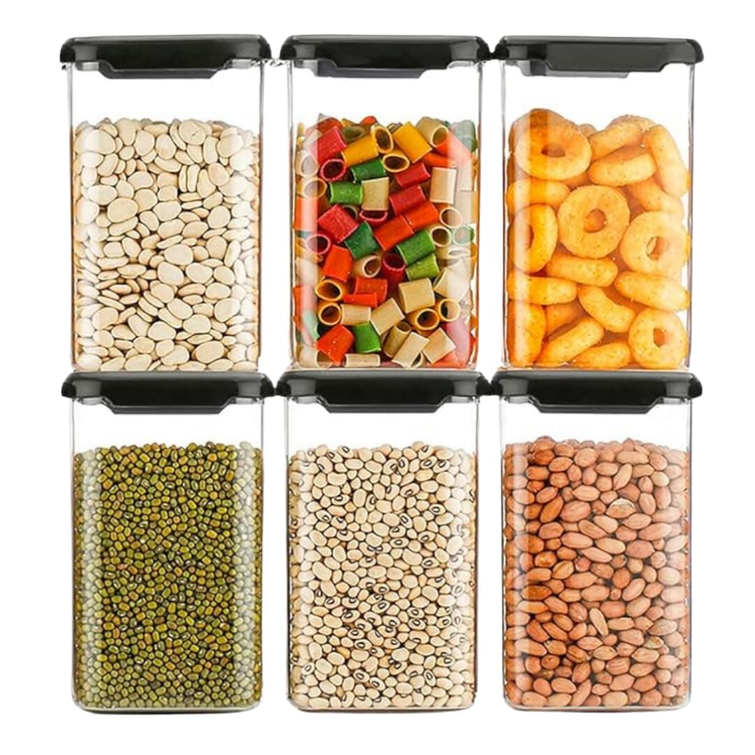 Nexium Plastic Airtight Containers Square Shape Container, Easy Flow Cereal Dispenser Storage Jar, Dabba, Box For Kitchen 1100ml (Pack of 6, Black)