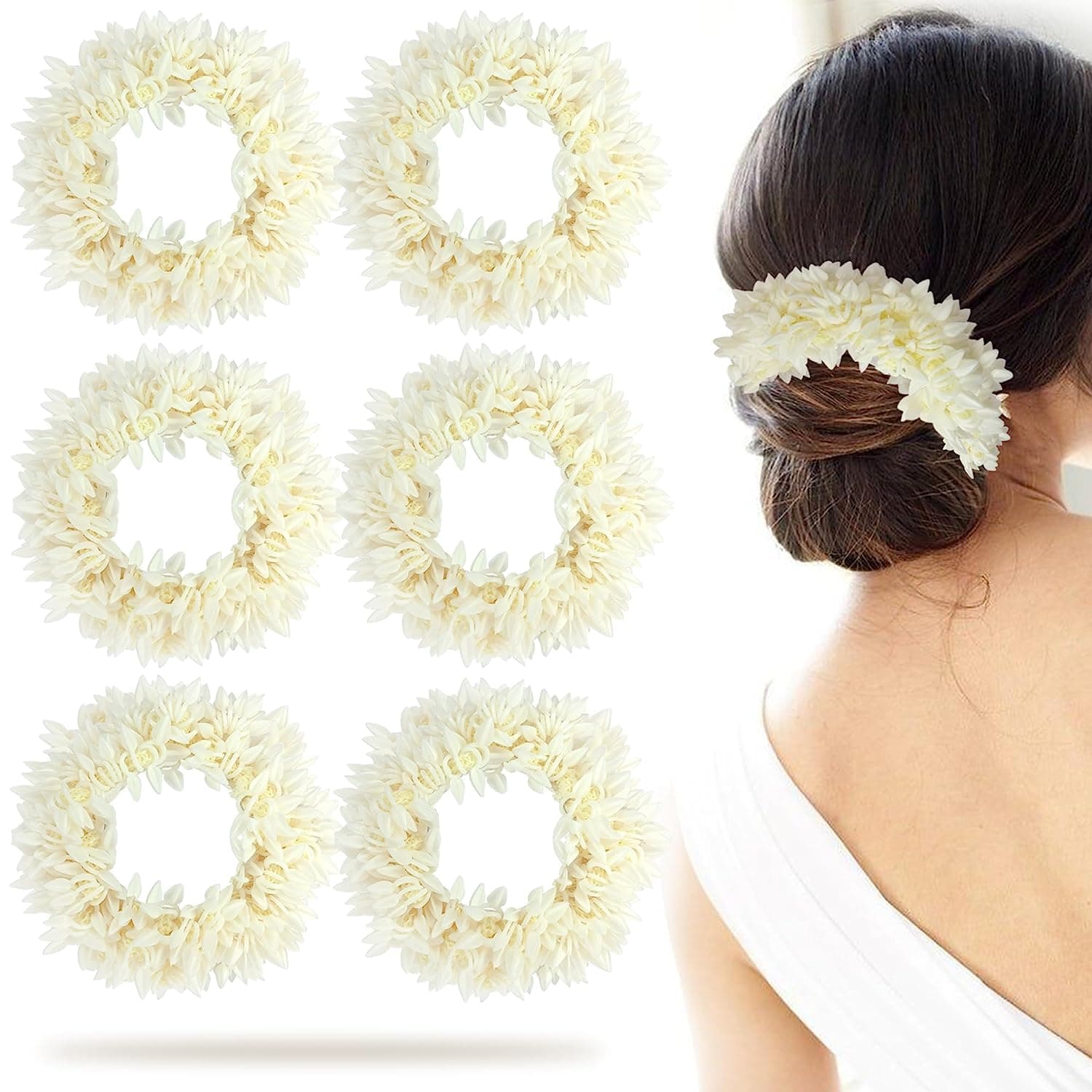 Diversa Artificial Gajra Flower Scrunchies For Hair Bun, Bracelet, Juda, and Ponytail Wedding Jewellery Reusable Fragrance Hair Mogra Gajra Tie For Women/Girls Gajra Scented Mogra White