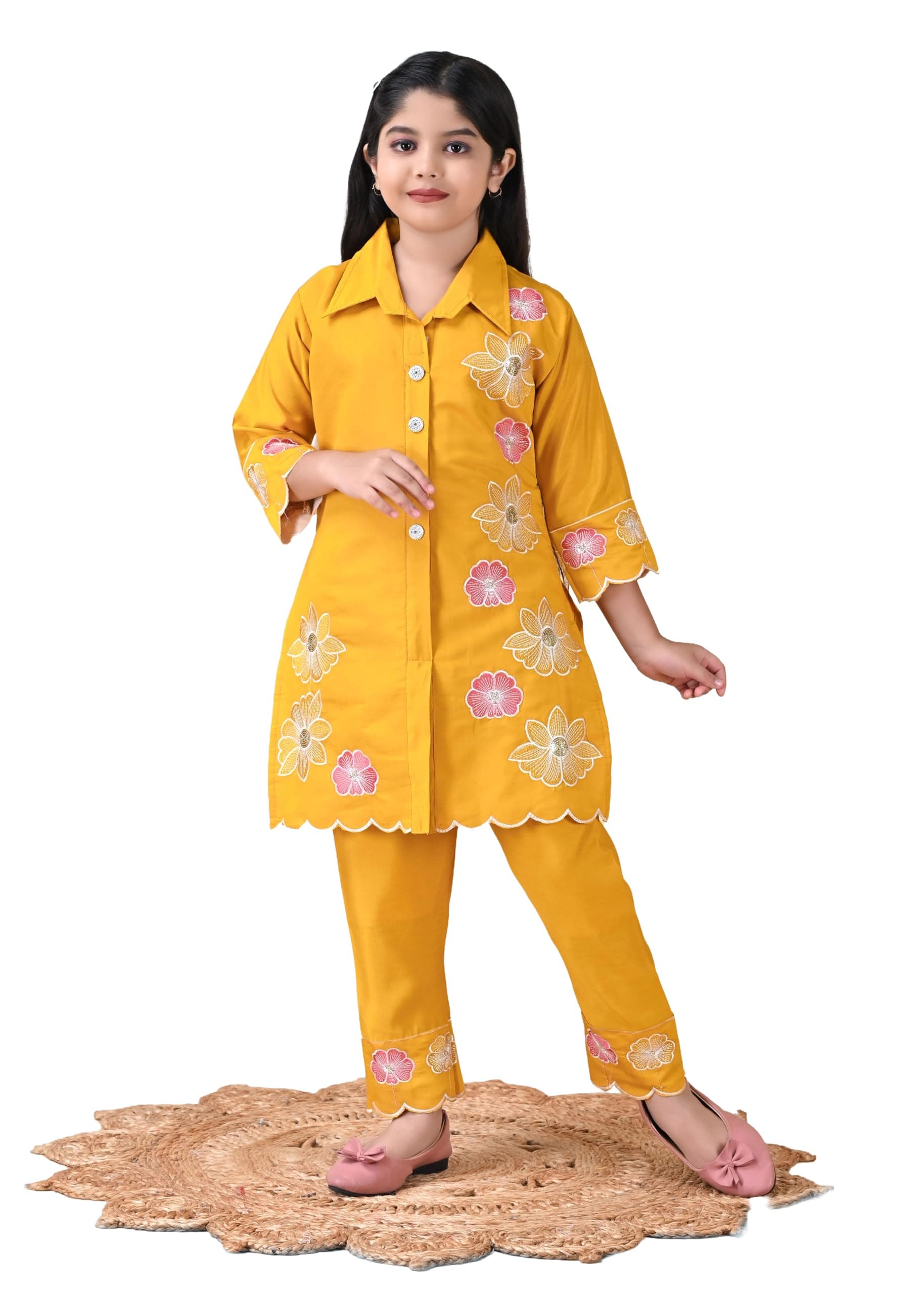 Jbegam Girls Ethnic Kurta Pyjama – Cotton Blend Traditional Outfit with V-Neck & 3/42 Sleeves – Casual & Ceremonial Outfit for Kids Yellow