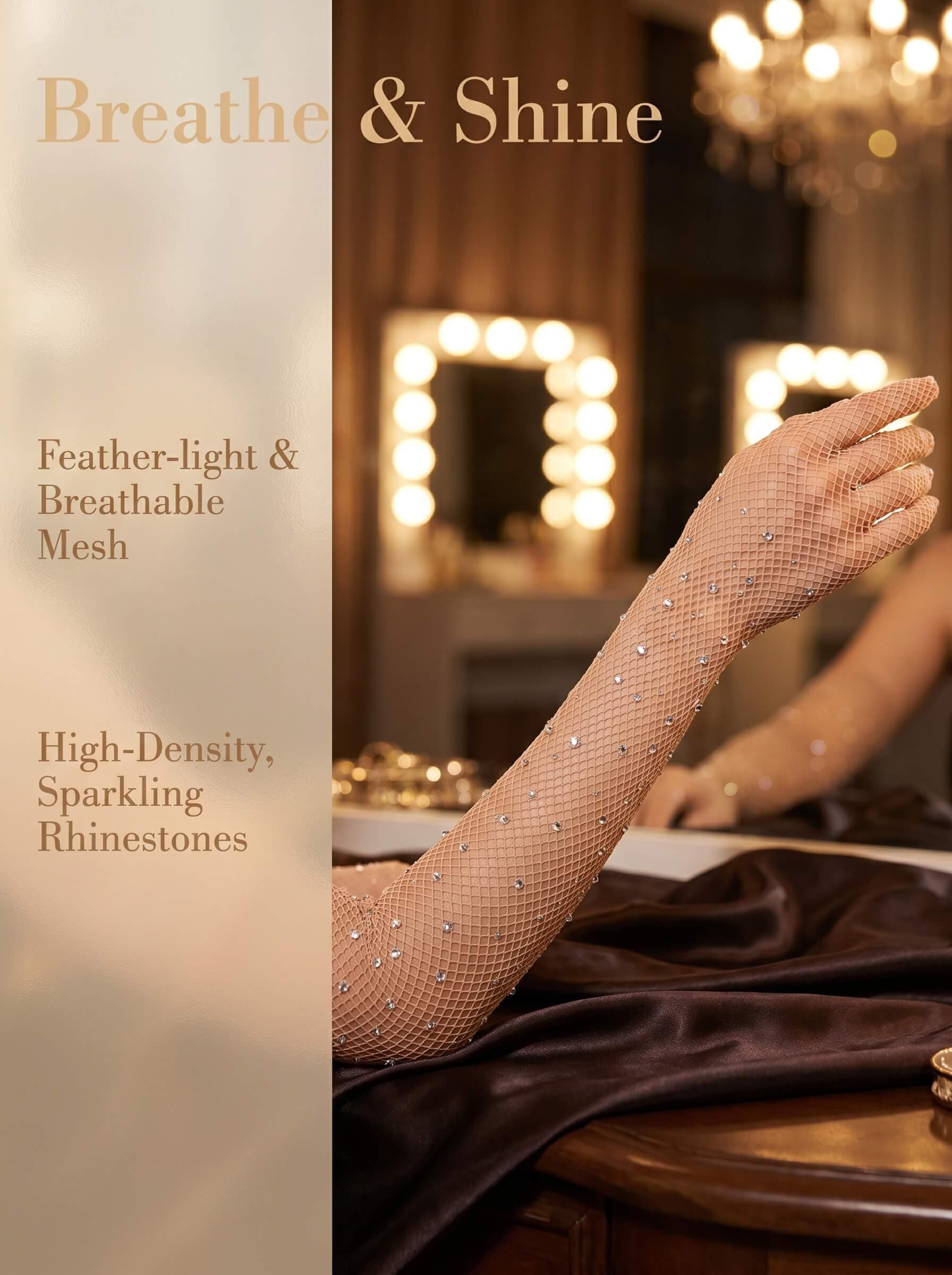 Women Rhinestone Fishnet Long Gloves Mesh Sparkly Glitter Fashion Opera Gloves For Party Halloween Costumes Accessories, Nude, One Size