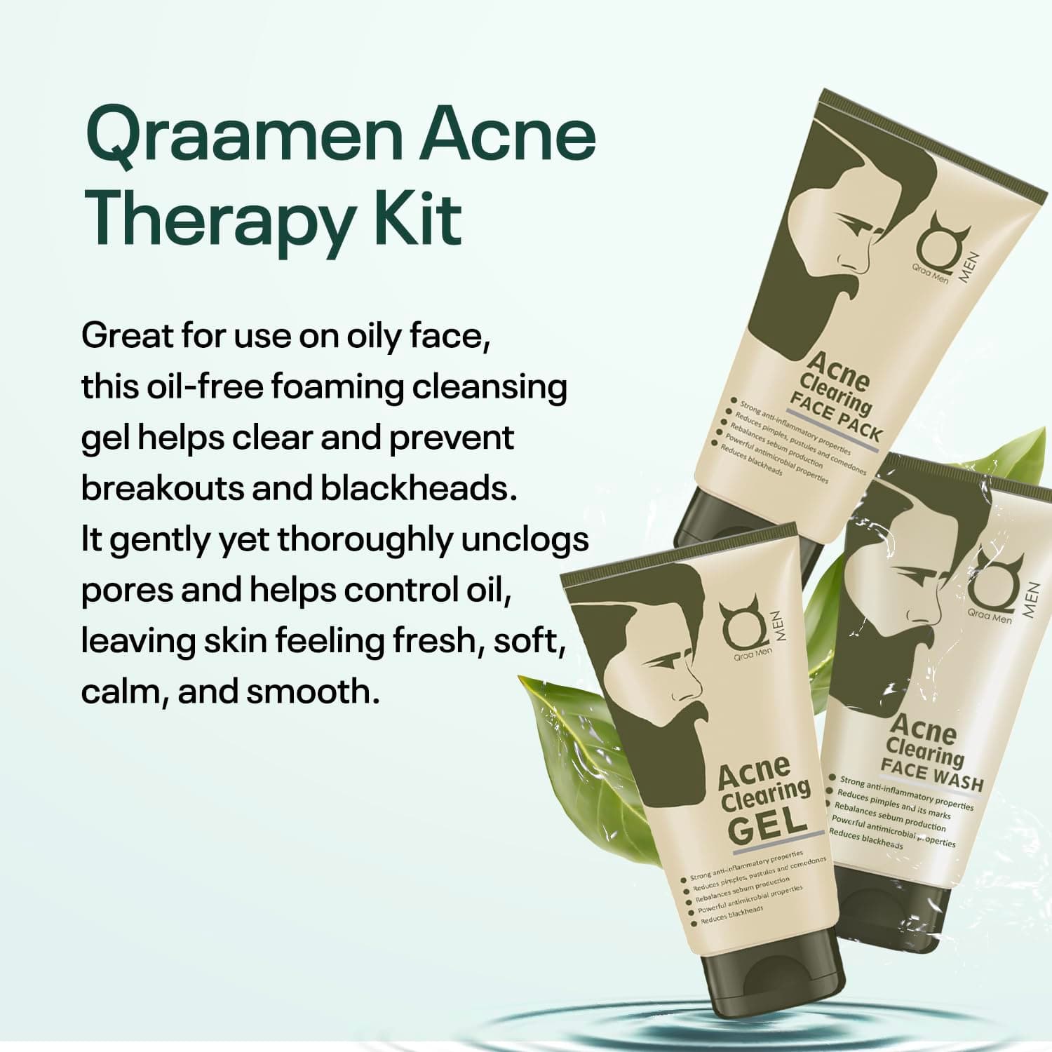 Qraa Men Complete Acne Defense Kit – Oil Control, Pimples & Spot Clearing, Anti-Blackhead, Anti-Inflammatory, Sebum Control, Skin Brightening (Pack of 3 x 100ml)