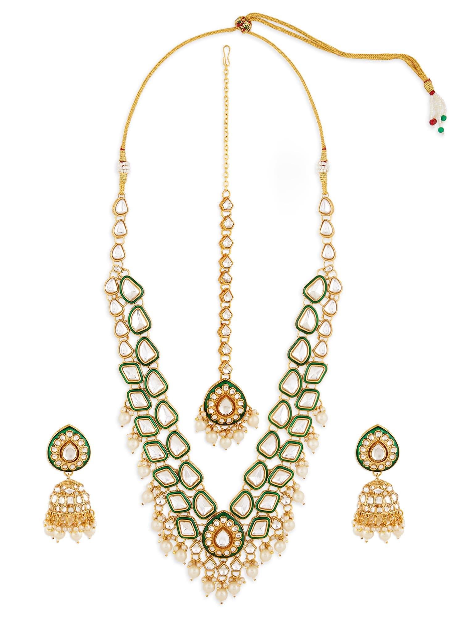 ZAVERI PEARLS Green Meenakari Dazzling Stones Beads Bridal Necklace Earring & Maangtikka Set For Women-ZPFK18886