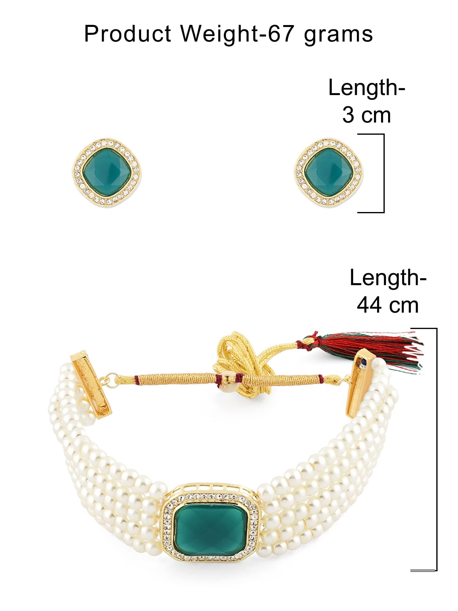 ZAVERI PEARLS Green Stone Studded Multistrand Choker Necklace Earring & Ring Set For Women-ZPFK11442