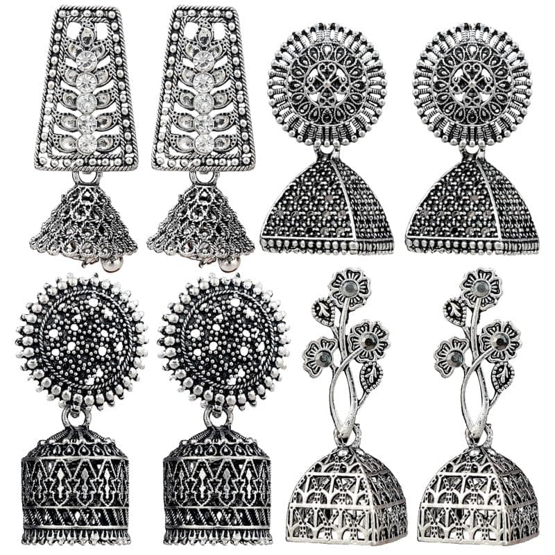 Fashion Frill Silver Oxidised Earrings Jhumka Set For Women Girls Stylish Traditional Pearl Small Jhumki Earings Pair Combo Of 4