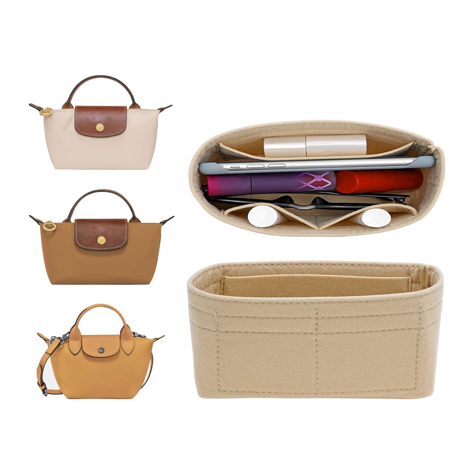 LOUKAYCCI Felt Mini Organizer Insert for Longchamp mini XS Bag,Purse Organizer Insert For Handbag