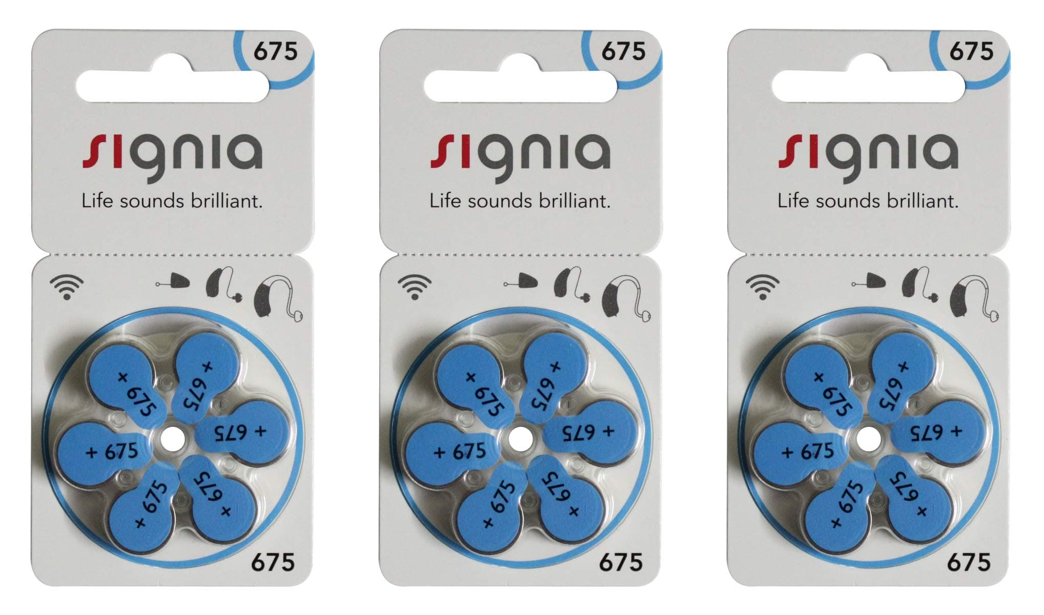 Signia German Made Hearing Aid Mercury Free Batteries. (3 Strip Total 18 Batteries, Size 675)