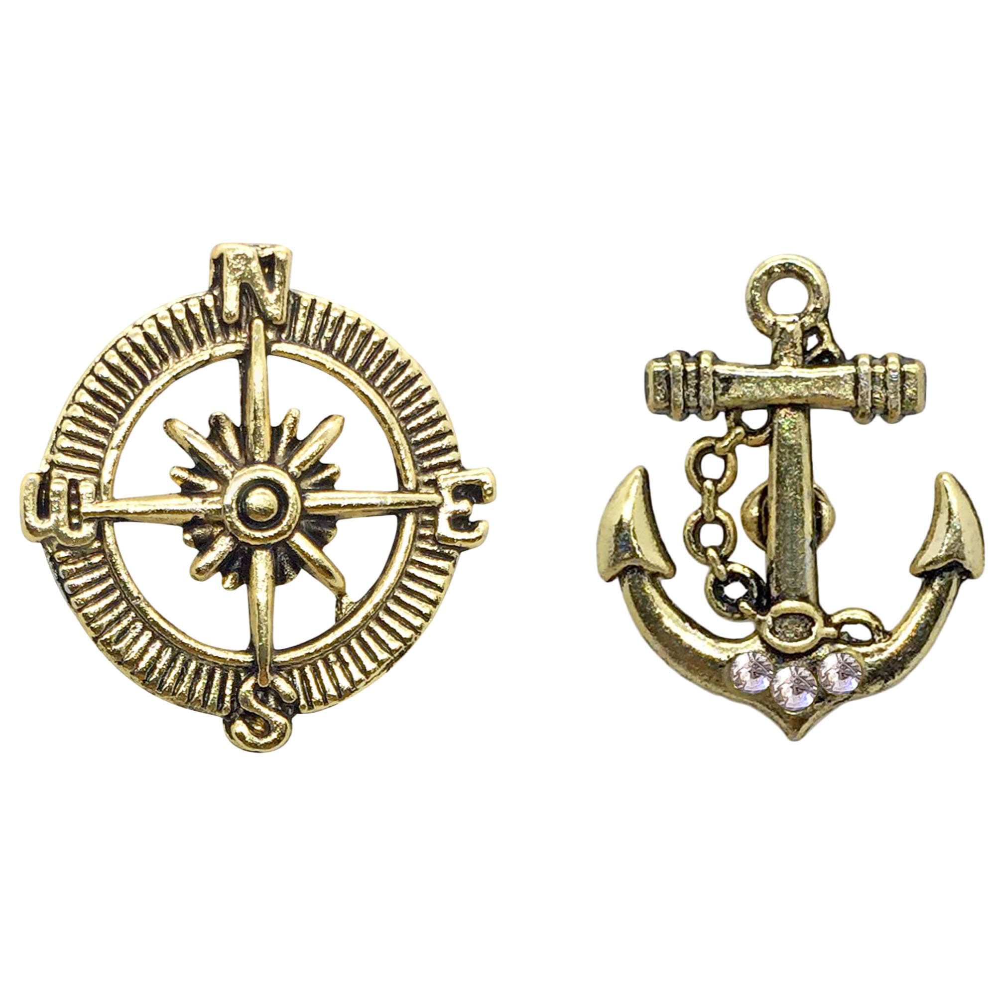 FURE Combo of Compass & Anchor Metal Lapel Pin Brooch (Antique Golden) for Men & Women