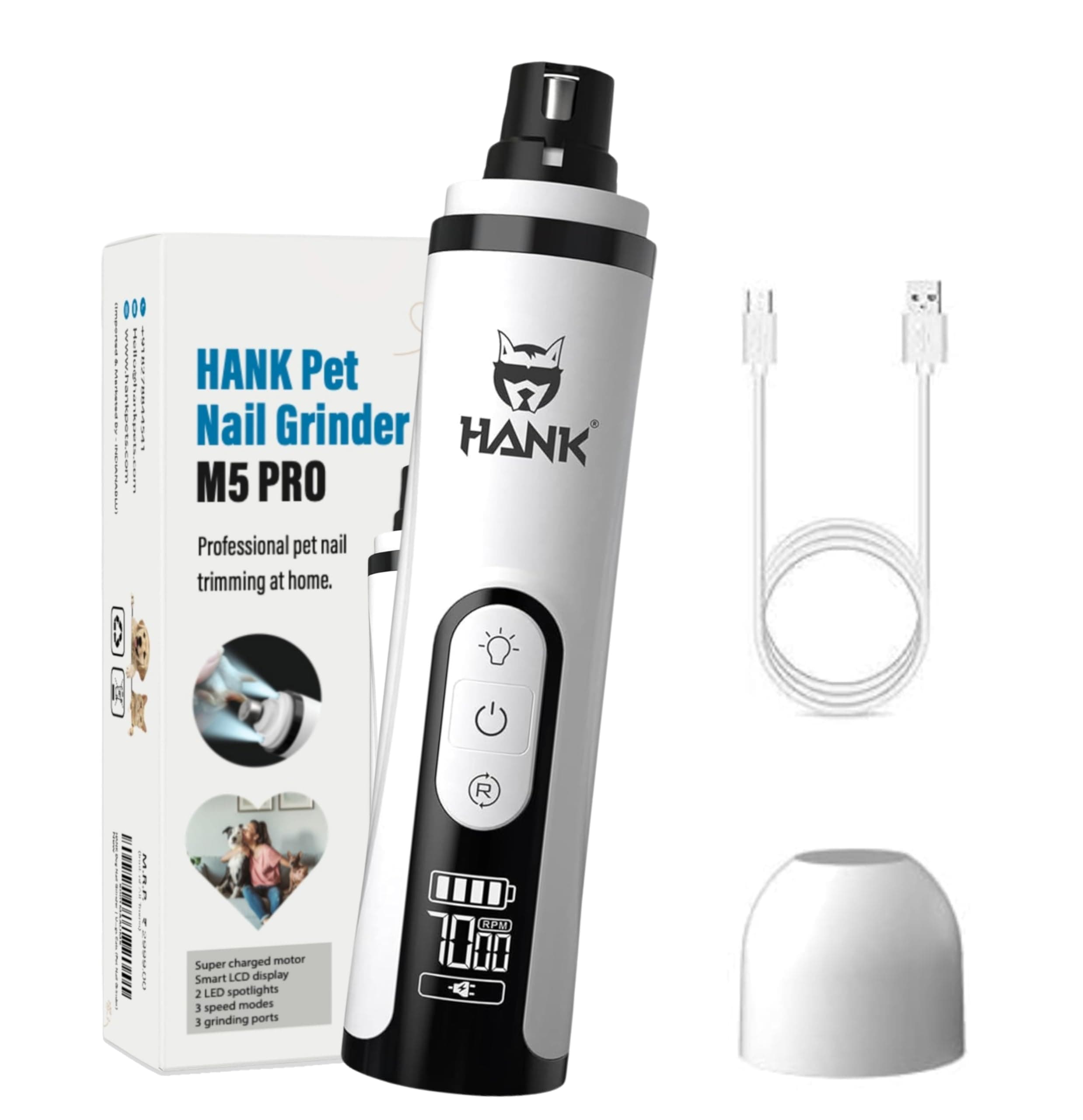 HANK Dog Nail Grinder - Upgraded M5 PRO - LCD Display - 2 LED Lights - Pet Nail Trimmer with 3 Speed Modes - Rechargable Claw Care Electric Machine - Filer for Small Medium Large Dogs & Cats