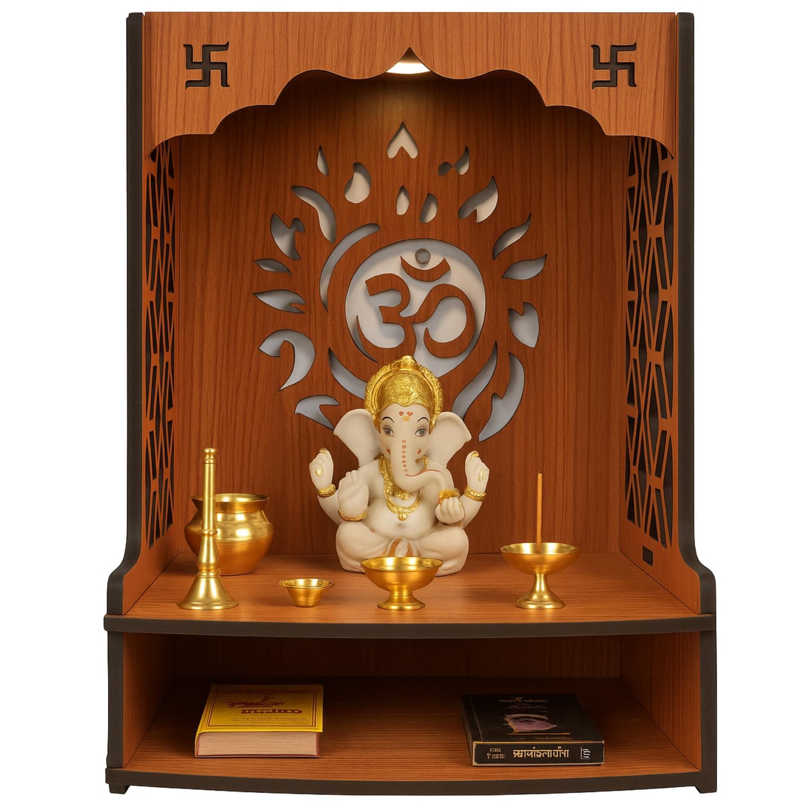 UPYOG Wooden Pooja Stand for Home | Wall Mounted Temple Mandir with LED Spot Light | Compact Puja Mandir for Home & Office (15.5 × 11.5 × 11 Inch)