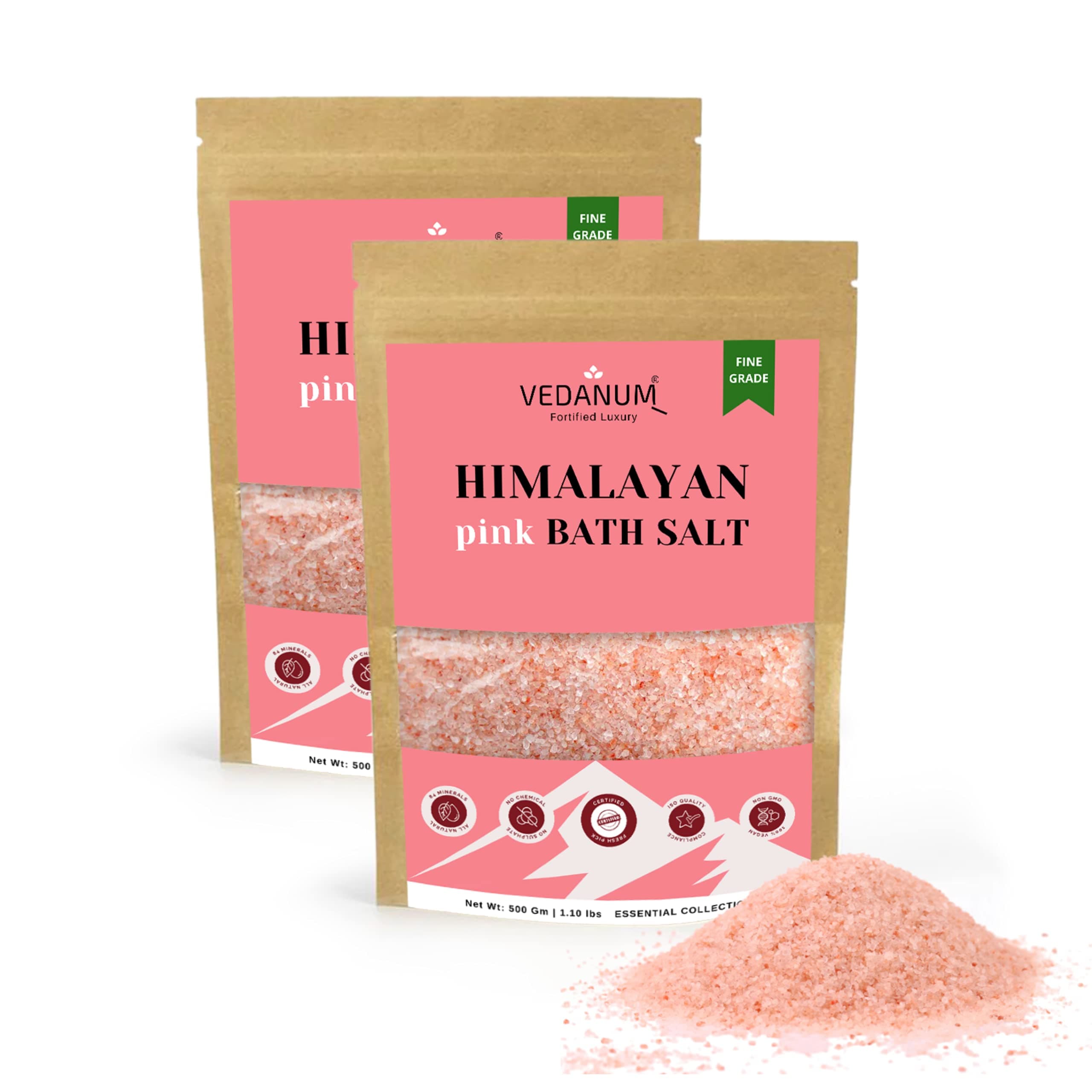 Vedanum Himalayan Pink Bath Salt Organic Course Grade Ultra with Rich Minerals and Goodness of Natural Skin Therapy Elements 1 KG Pack