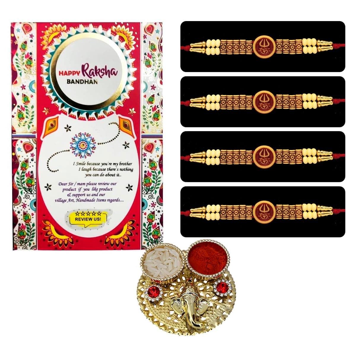 Saugat Traders Rakhi for Brother Set of 4 Designer OM Rakhi with Rakshabhandan Greeting Card - Handmade Rakhi for Bhaiya with Lord Ganesha Roli Chawal and Chopra