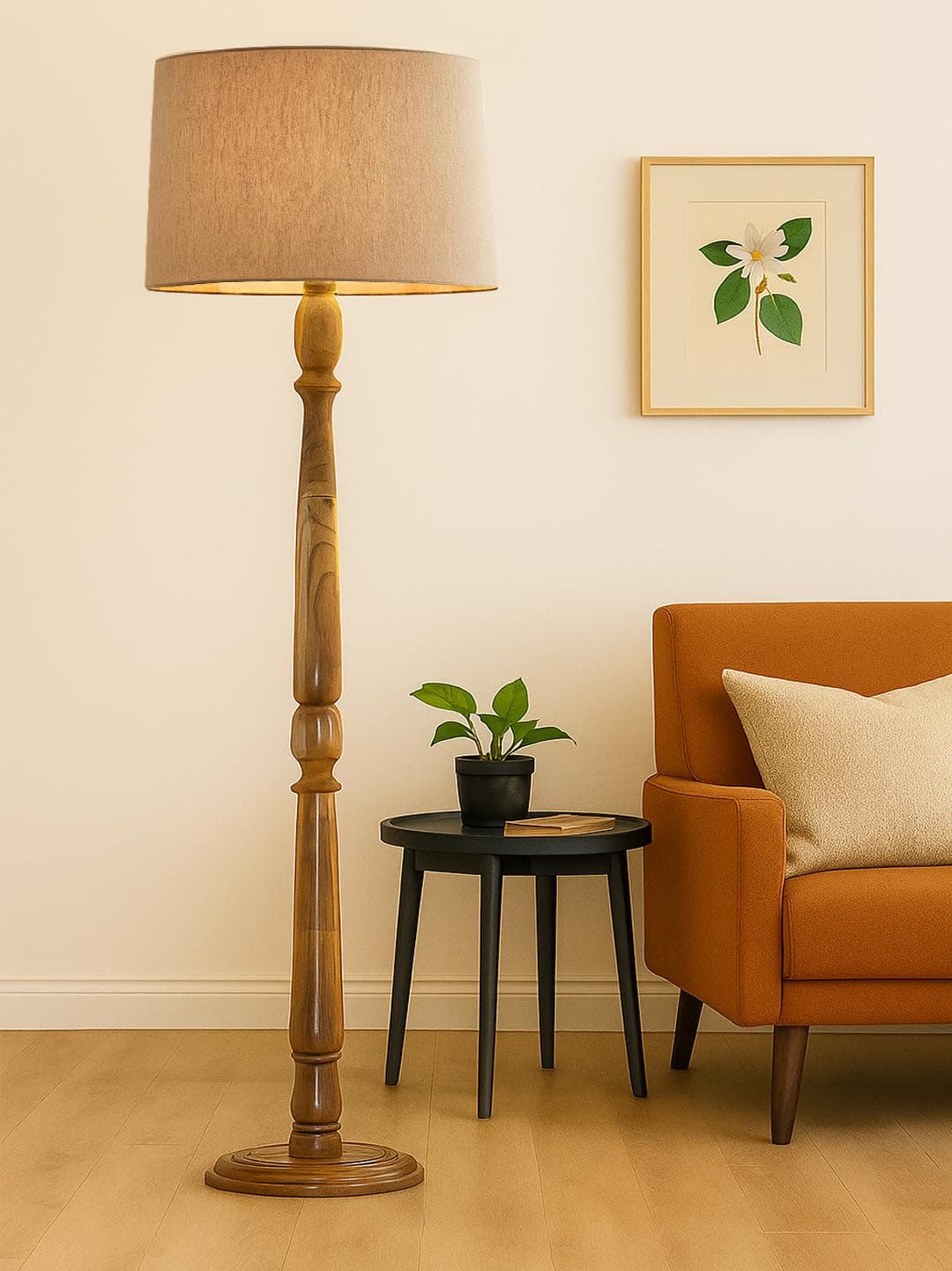 Decorcity Rustic Walnut Brown Wood Floor Lamp with Multicolor Fabric Shade Antique Style Bedside, Living Room, Bedroom, Corner, Light Décor