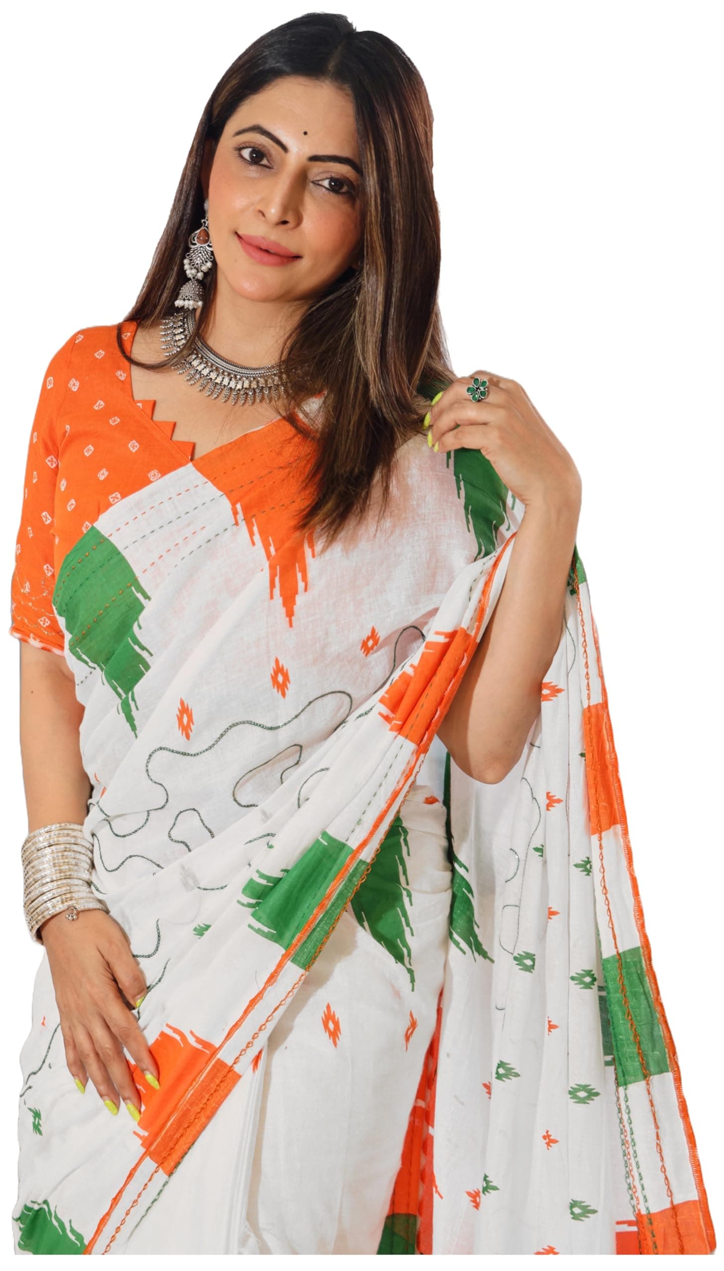 RADHA LAKSHMI Pure Soft Cotton Ikkat Tiranga Print Women's Saree with Blouse Piece, White green orange