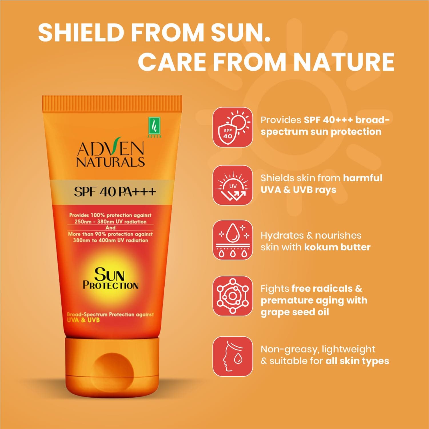 Adven Naturals Sun Protection Cream SPF 40 PA+++, Broad-Spectrum UVA/UVB & Blue Light Protection, Lightweight Non-Greasy No White Cast, Water & Sweat Resistant, 100 g (Pack of 1)