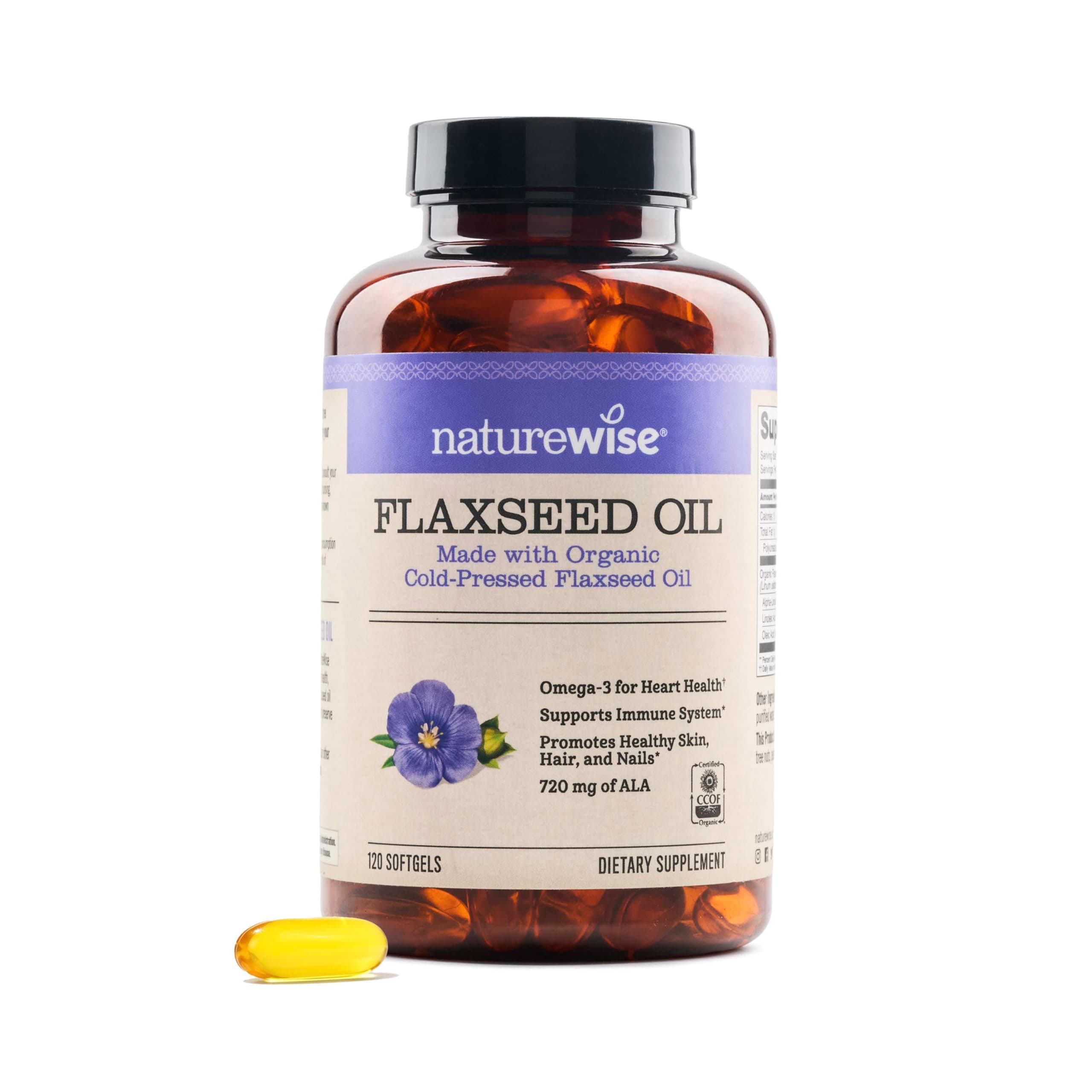 120 Count: NatureWise Organic Flaxseed Oil 1200mg with 720 mg ALA, Omegas 3-6-9 for Cardiovascular Health & Immune Support, Promotes Healthy Skin, Nails & Hair, Gluten-Free, Non-GMO, 240 softgels