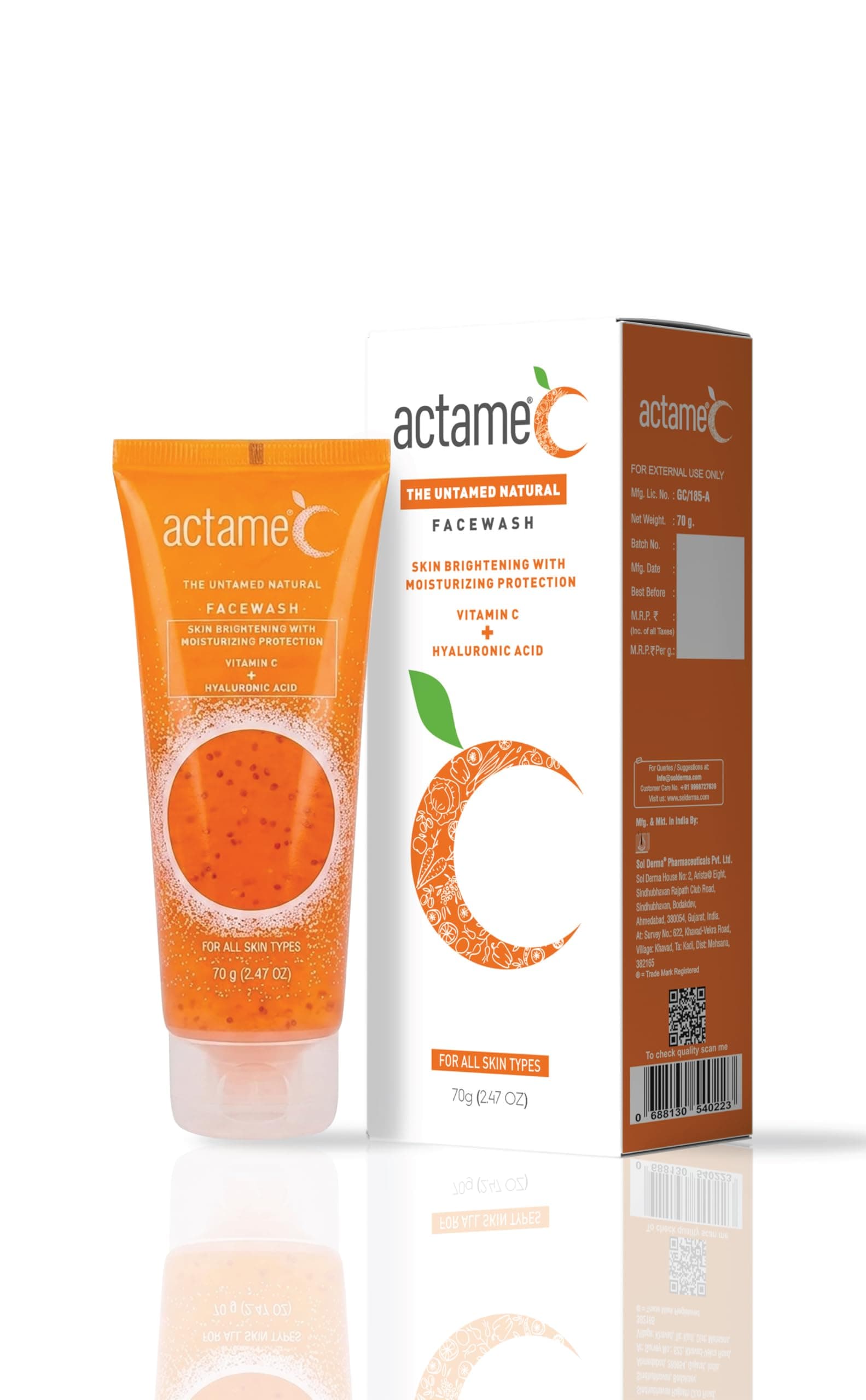 Actame C Face Wash | Vitamin C & Acne Care Cleanser for Oily & Acne-Prone Skin | Helps Reduce Pimples & Excess Oil | 70 g