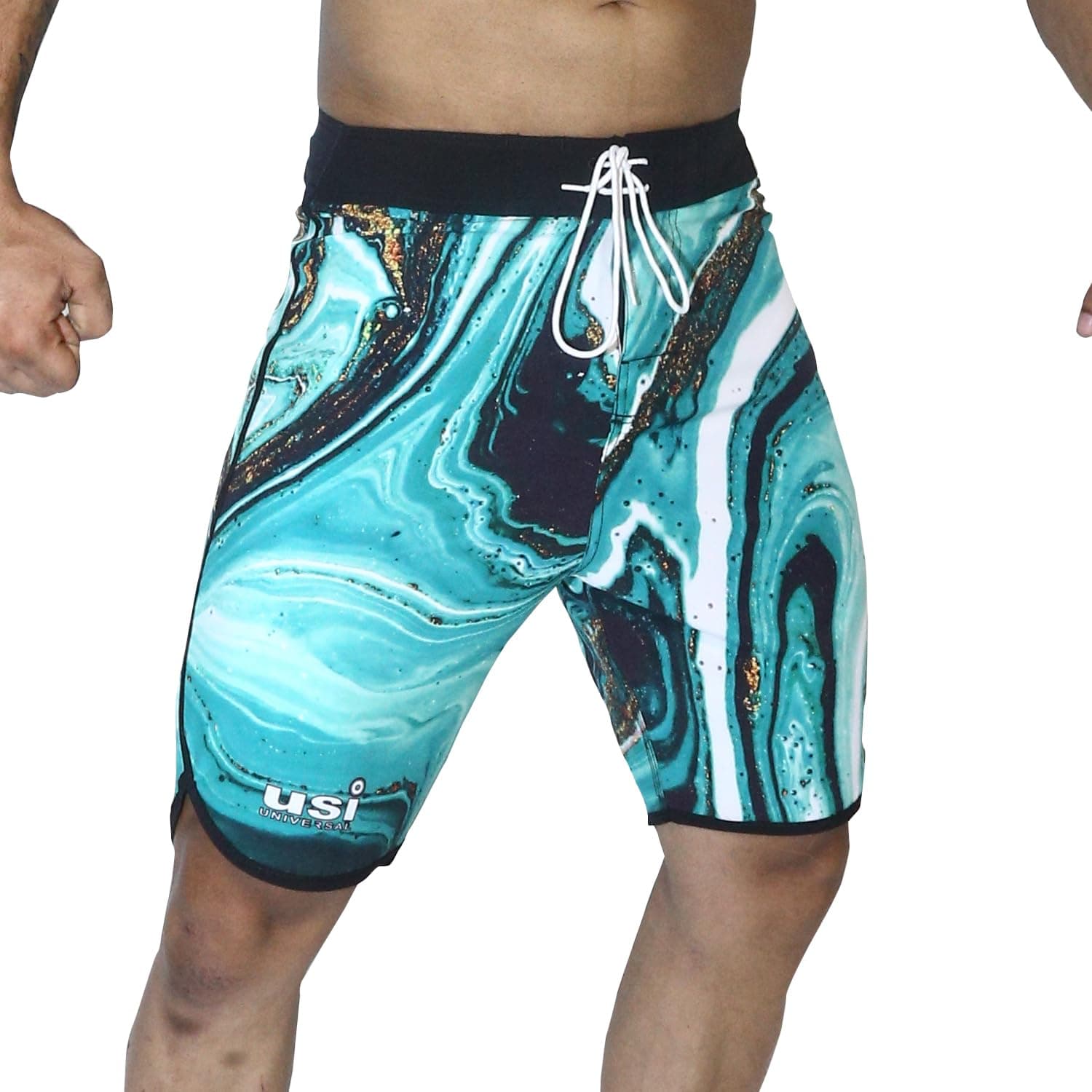 USI UNIVERSAL Shorts For Men, 411PM Marble Physique Board Shorts, Fitness Shorts, Polyester Elastane Construction, Hook Loop Fly