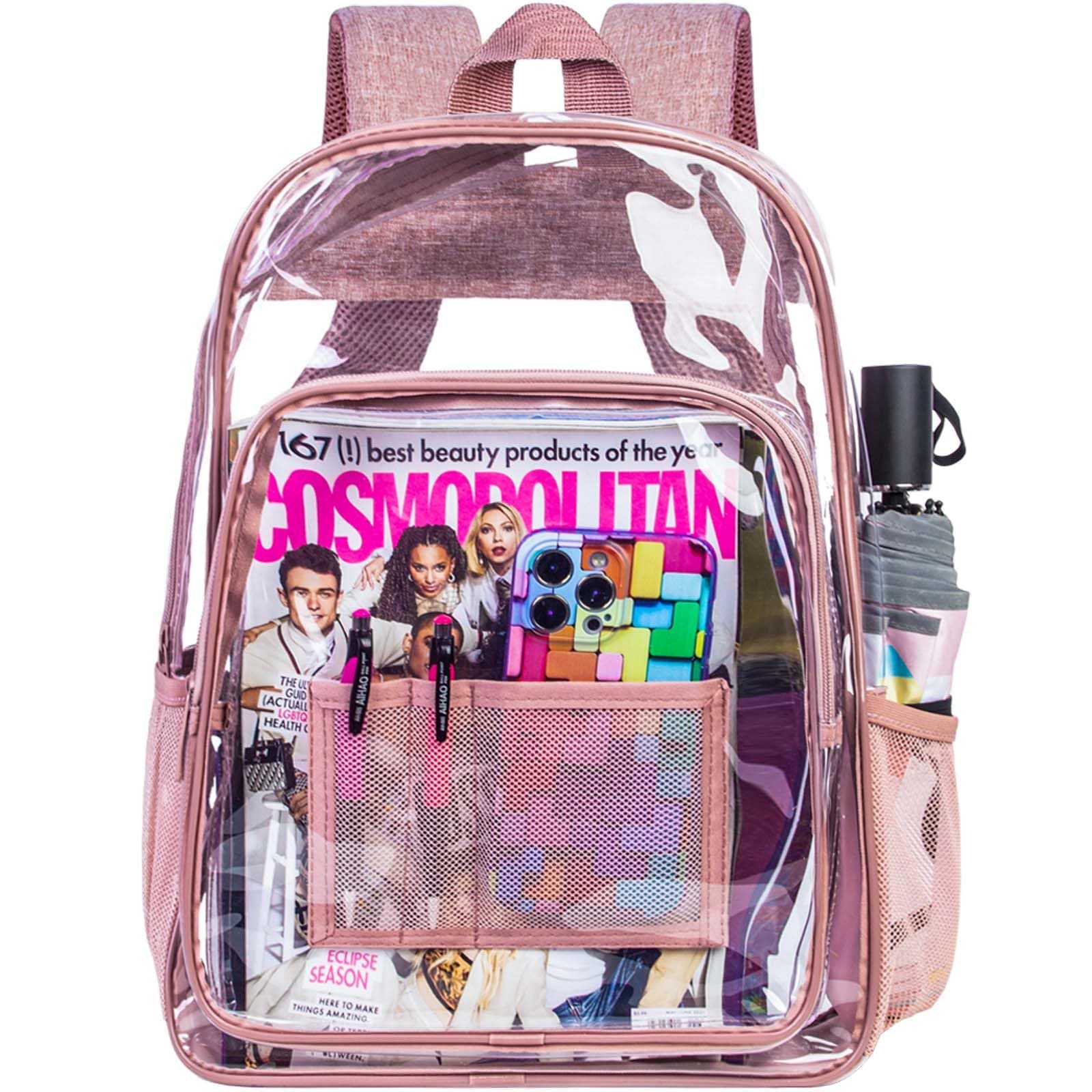 AGSDON Clear Backpack, Heavy Duty Transparent Bookbag, See Through PVC Backpacks for Women Men, Pink, 1 Count (Pack of 1), Daypack Backpacks