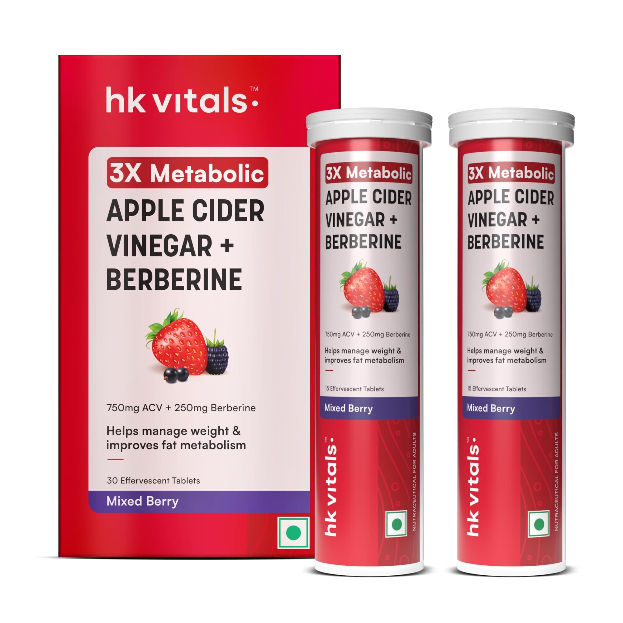 hk vitals Apple Cider Vinegar 750mg + Berberine 250mg, 30 Effervescent