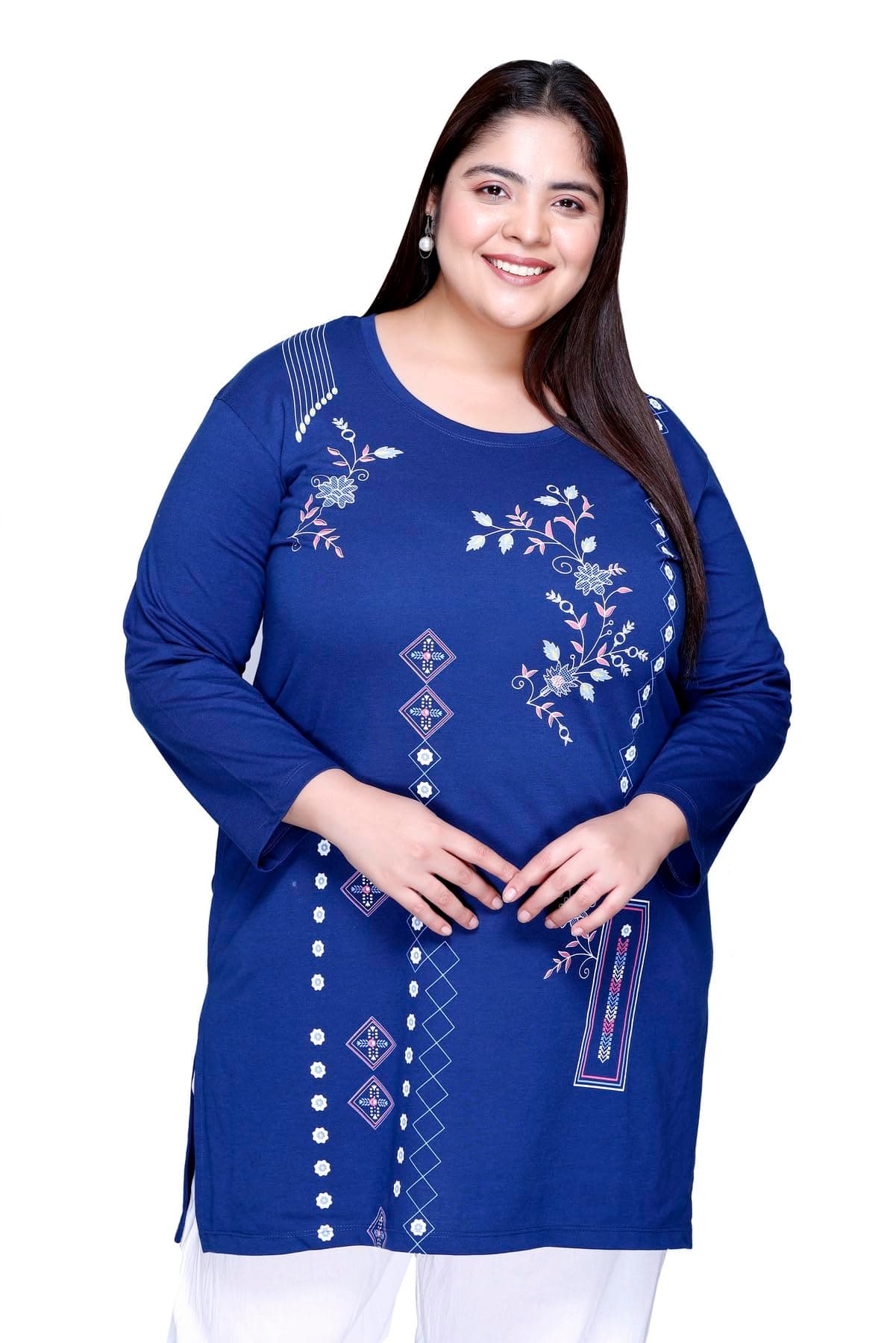 RYSH Women's Plus Size Printed Long Top | Round Neck | Full Sleeve | Relaxed Fit Casual Tunic | Air Force | 4XL