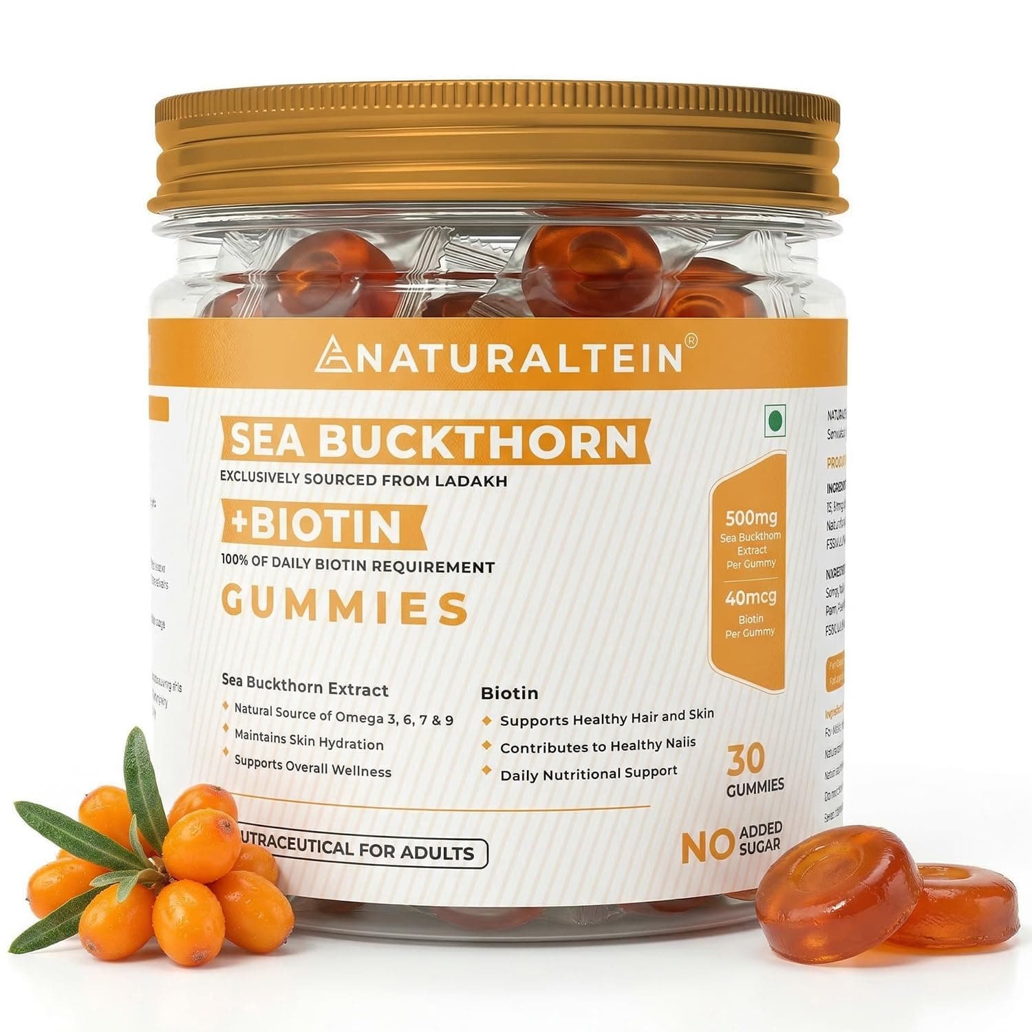 Naturaltein Sea Buckthorn Gummies with Biotin | 30 Gummies | Rich in Vitamin C, A, E & B-Complex | Naturally Occurring Antioxidants, Minerals & Amino Acids | Omega 3, 6, 7 & 9 | 500mg Extract + 40mcg Biotin | Supports Hair, Skin & Nails | No Added Sugar