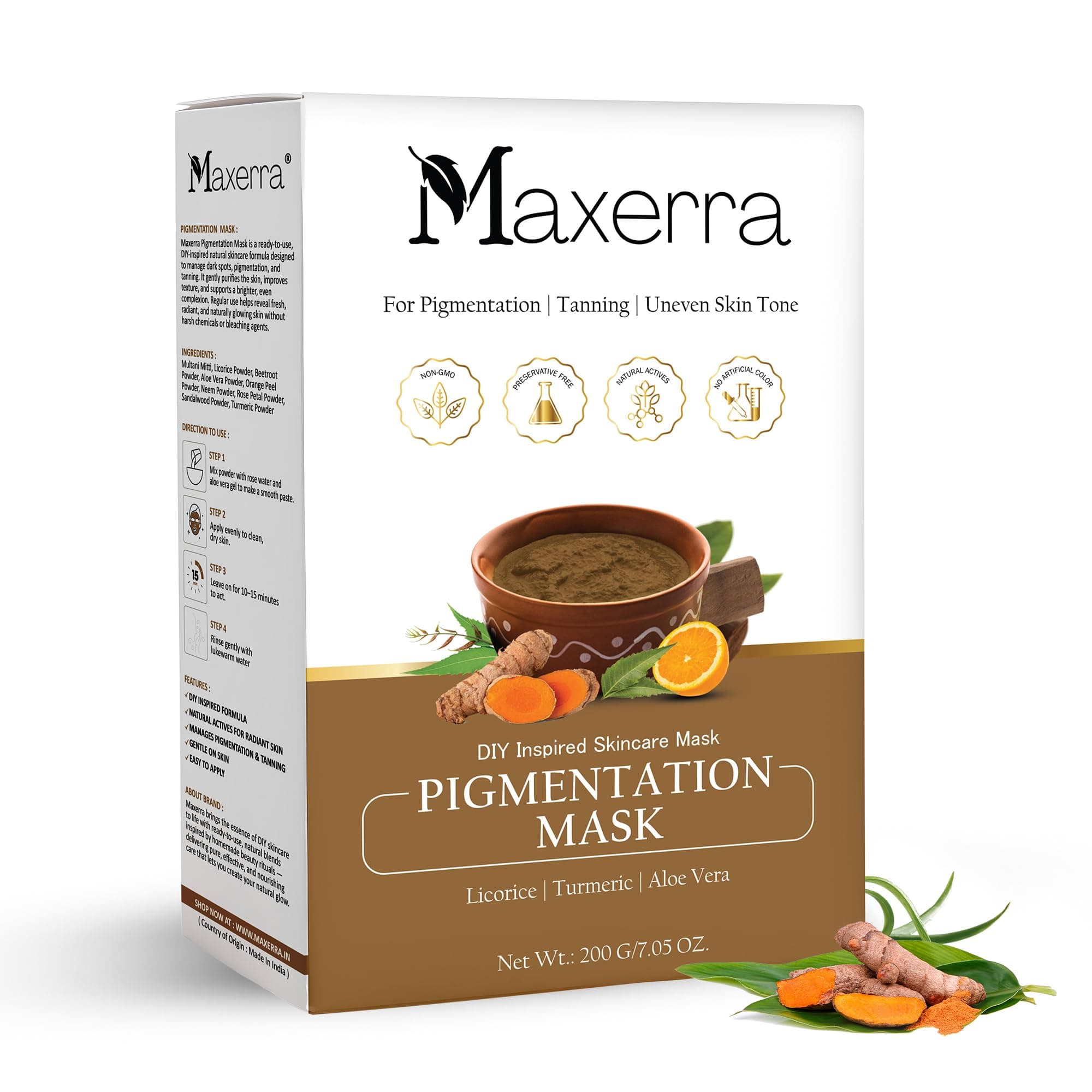 Maxerra Pigmentation Mask Powder 200g – DIY Ayurvedic Face Pack for Dark Spots, Tanning & Uneven Skin Tone | Skin Brightening & Tan Removal | Licorice, Turmeric, Aloe Vera | Natural Face Mask for Women & Men
