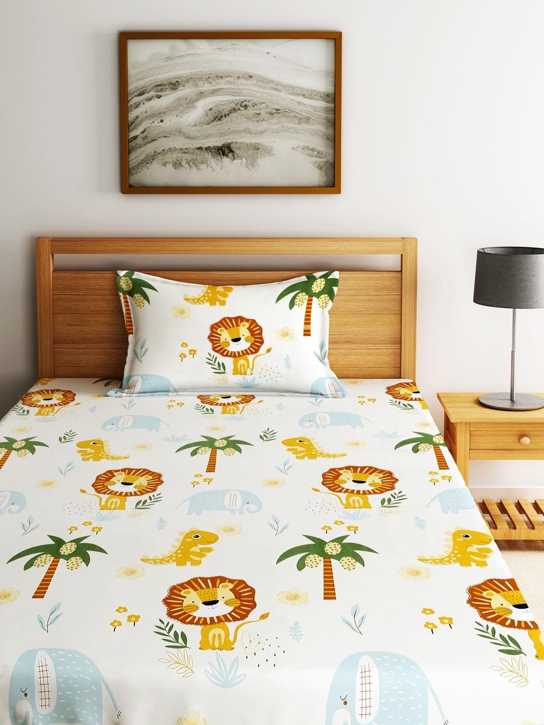 Home Sizzler Microfiber 144 TC Kid's Lion's Haven Single Bedsheet with 1 Pillow Cover, Orange
