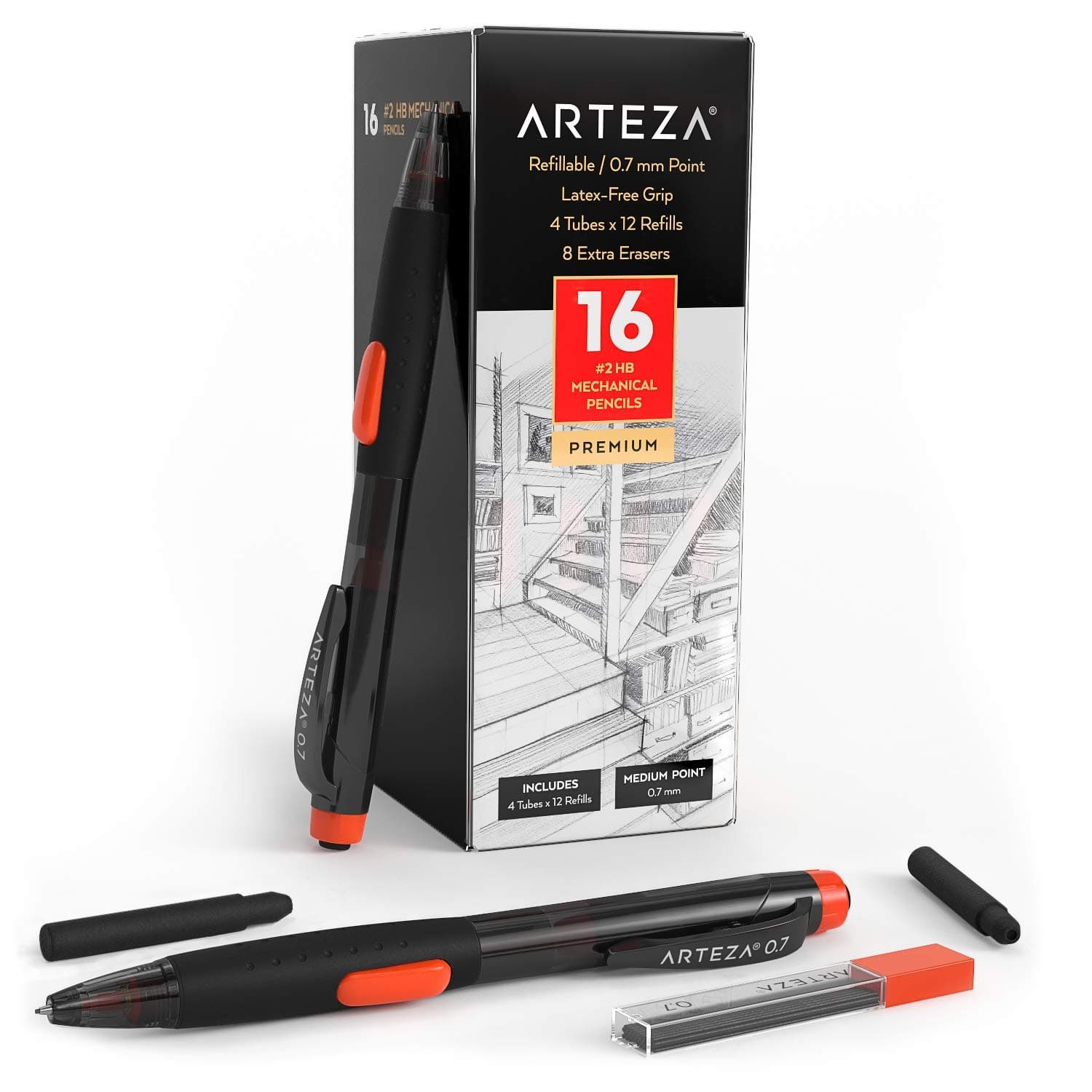 Arteza HB Mechanical Pencil Pack of 16 with 0.7 Millimeter Medium Point Lead, 48 Refills and Replaceable Eraser with 8 Extra Erasers, Latex-Free Grip