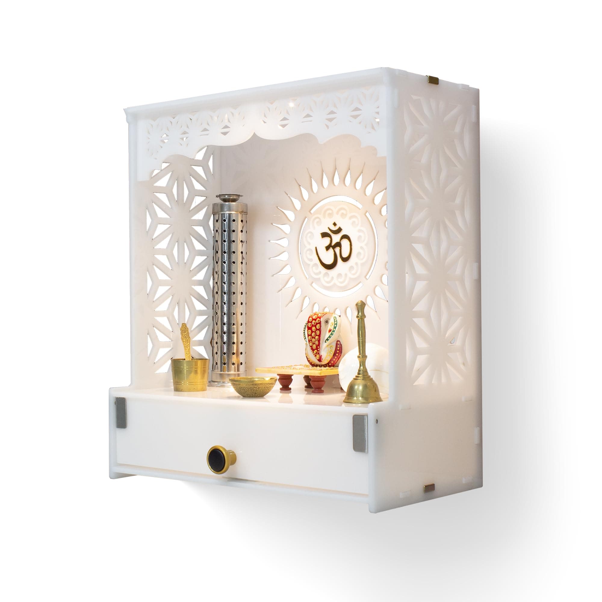 Heartily Acrylic SHREE Beautiful Wooden Pooja Stand Mandir for Home Temple for home and office Puja Mandir for home and Office wall with LED Spot Light Product (H- 18, L- 16, W-8.75 Inch)