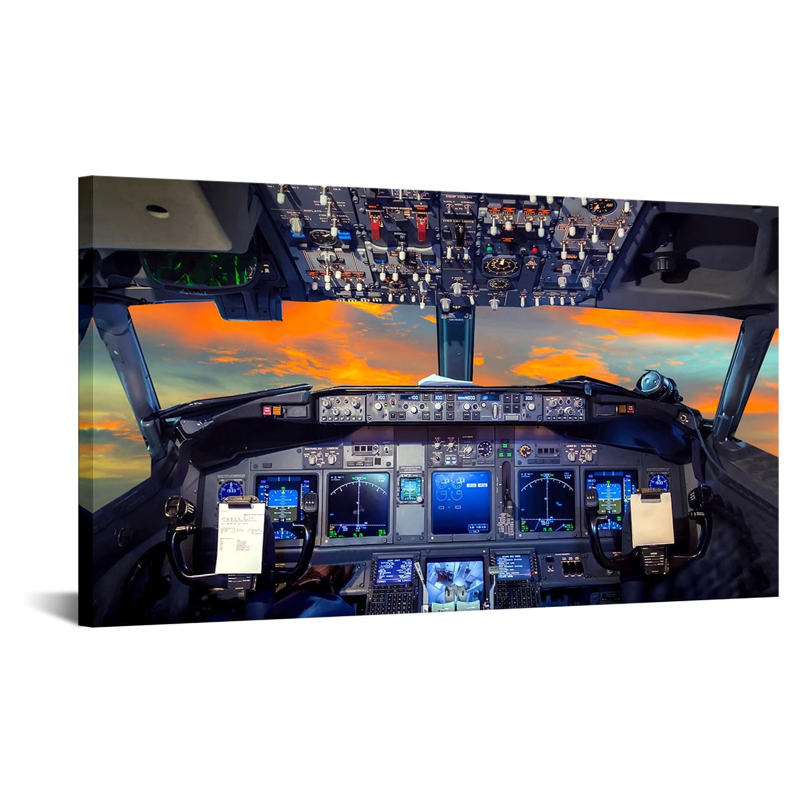 Kreative Arts Canvas Prints Wall Art Airplane Cockpit Flight Deck in Sunset Photo Art Print Plane Poster Modern Home Decor Stretched and Framed Ready to Hang for Office Decorations 20x36inch